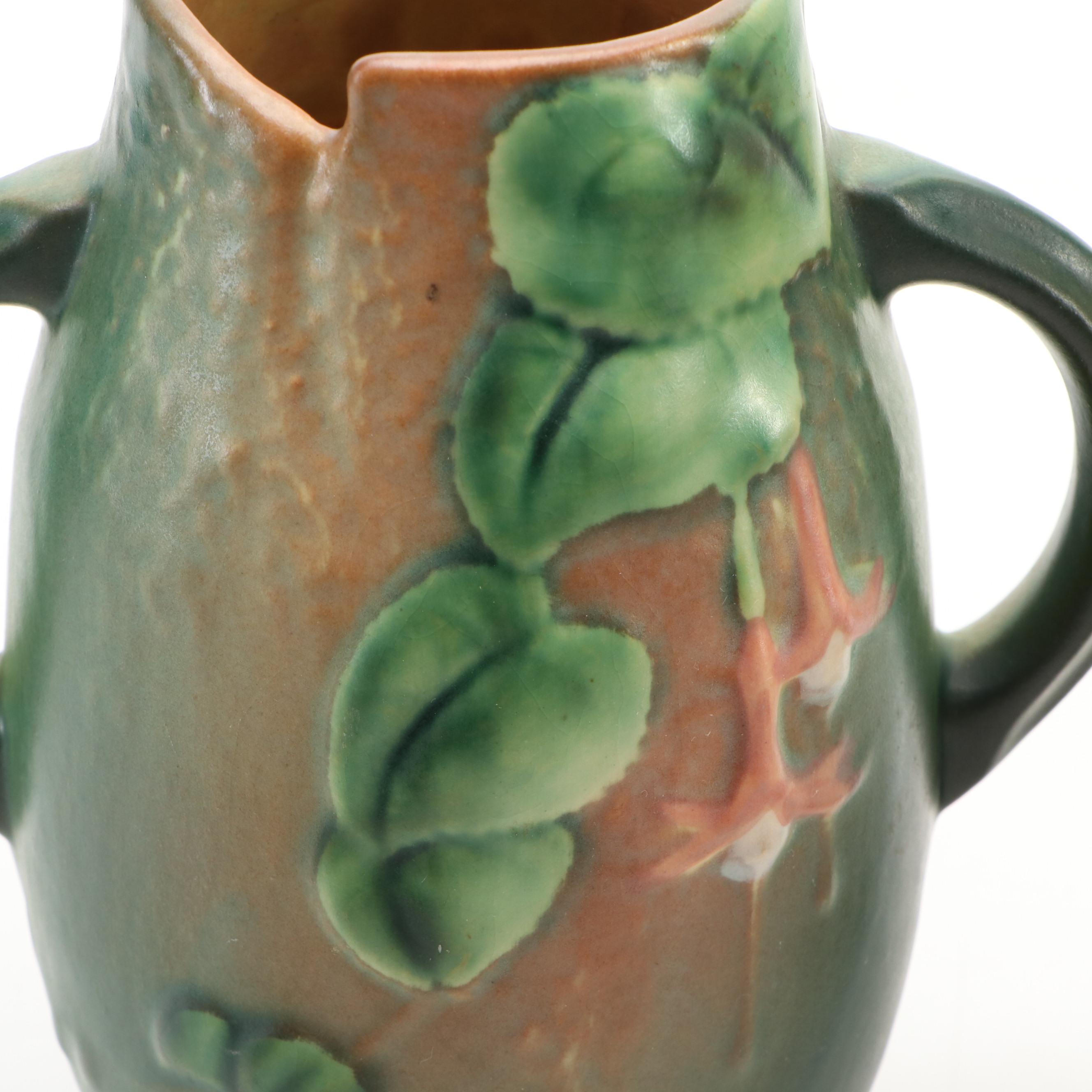 Roseville Pottery White Rose Cachepot with Tray, Fuchsia & Water Lily Vases