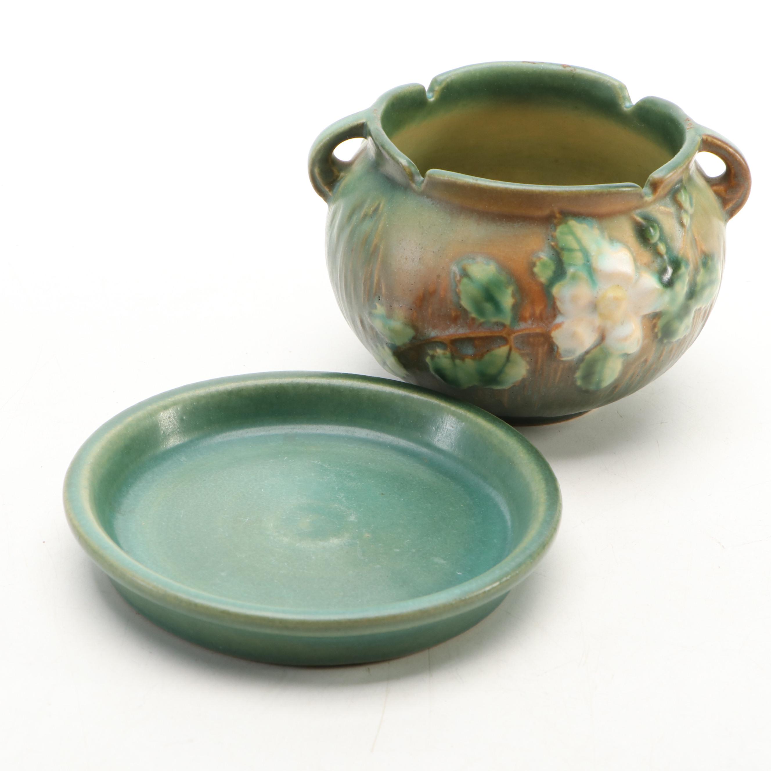 Roseville Pottery White Rose Cachepot with Tray, Fuchsia & Water Lily Vases