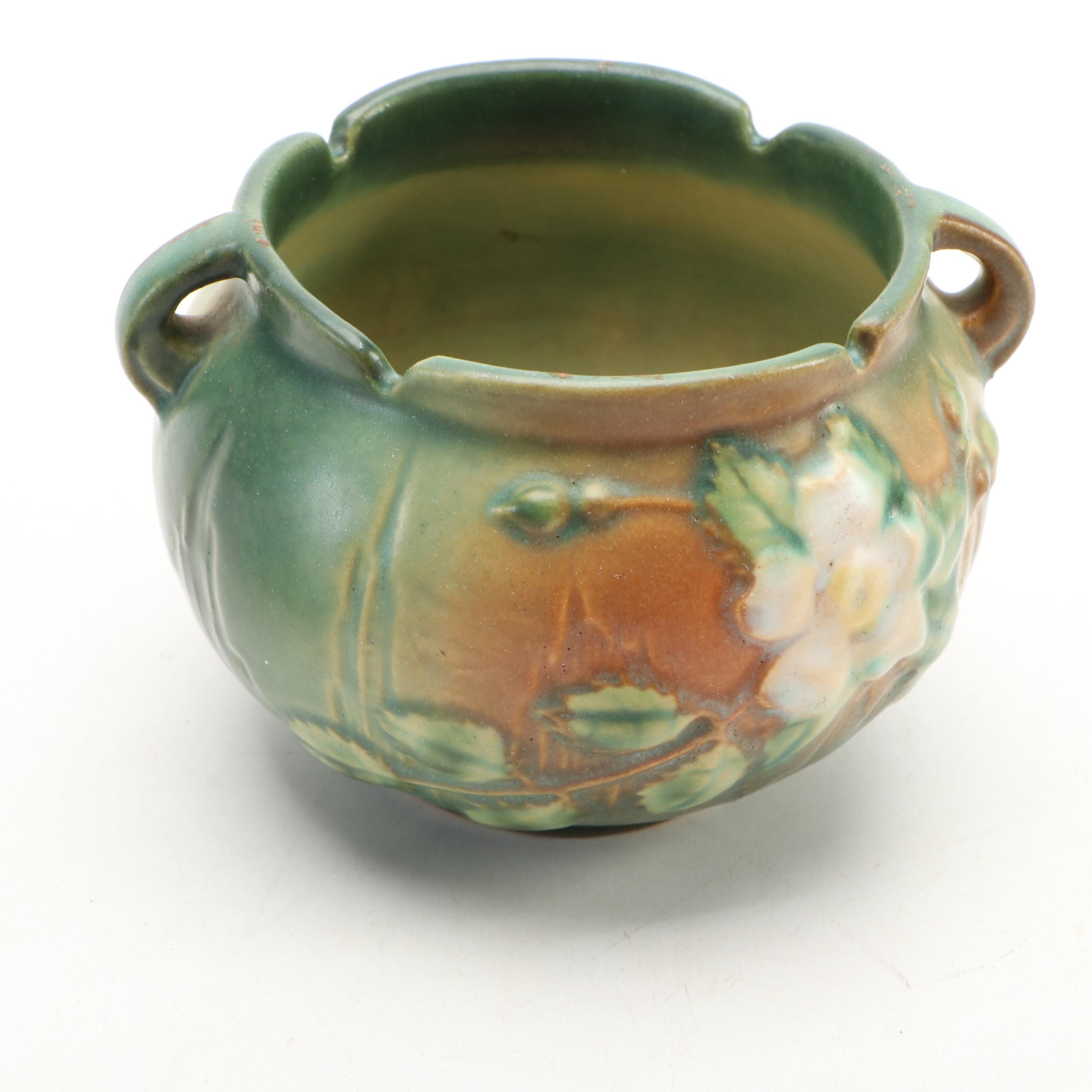 Roseville Pottery White Rose Cachepot with Tray, Fuchsia & Water Lily Vases