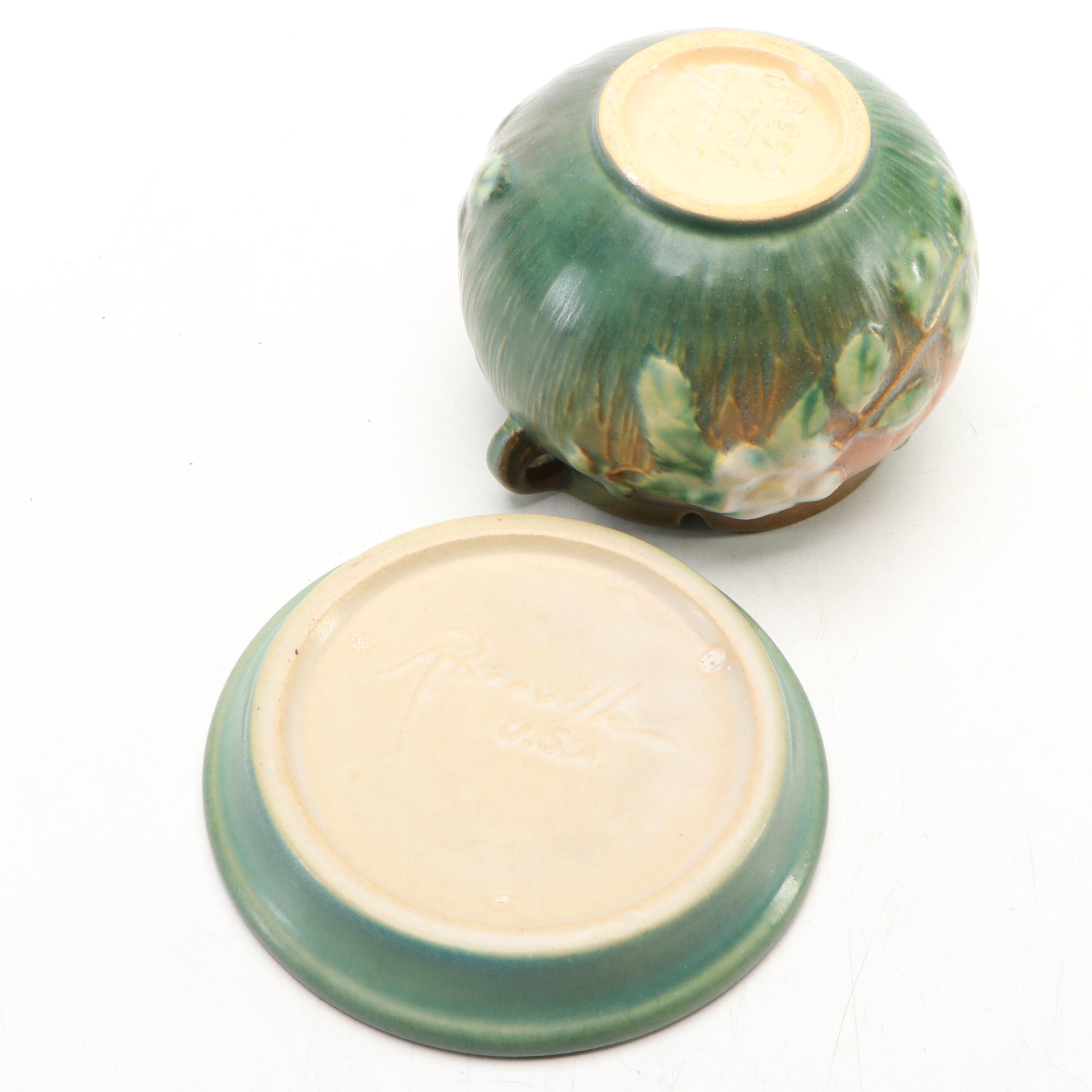 Roseville Pottery White Rose Cachepot with Tray, Fuchsia & Water Lily Vases