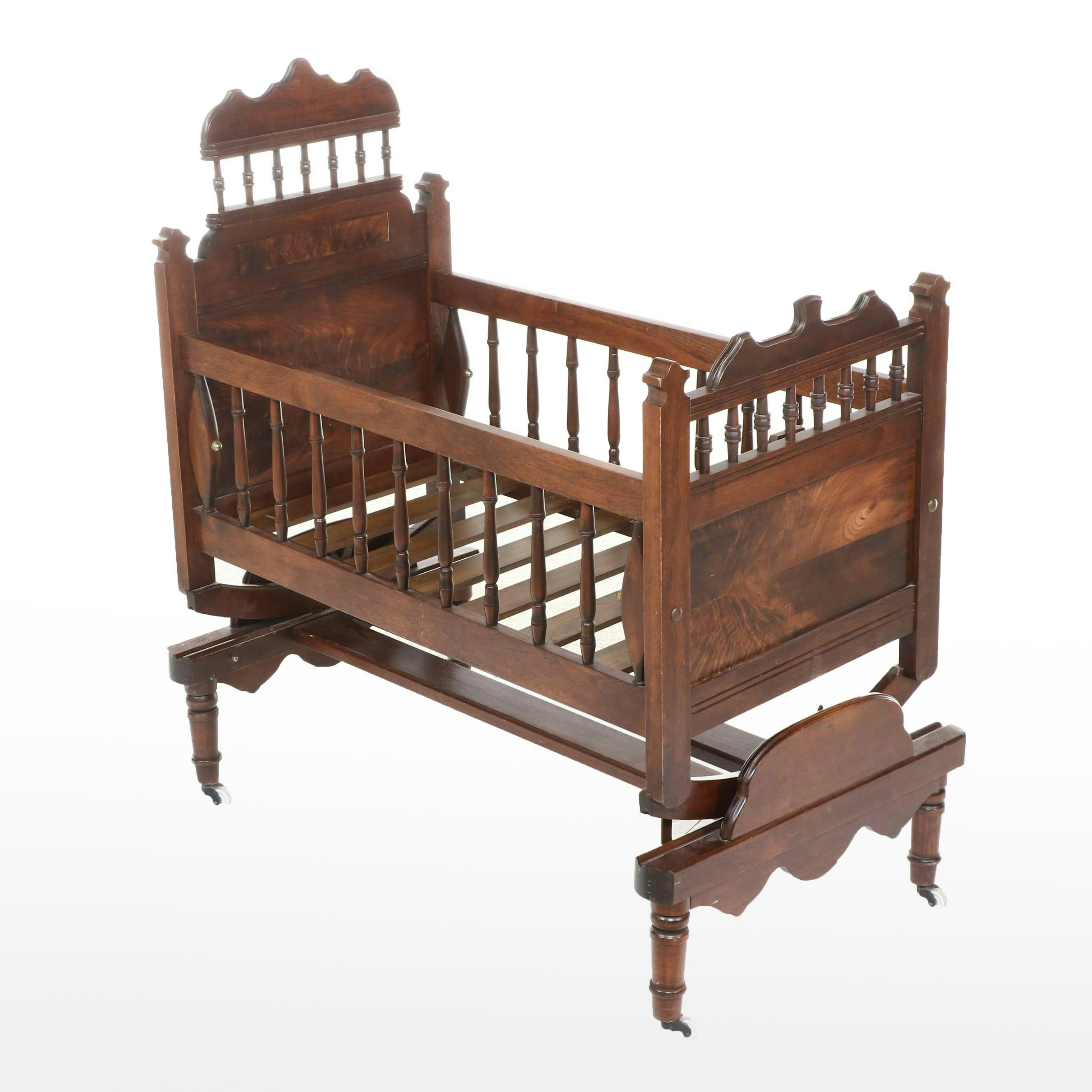 Victorian Eastlake Style Walnut Spool Baby Cradle, Late 19th Century