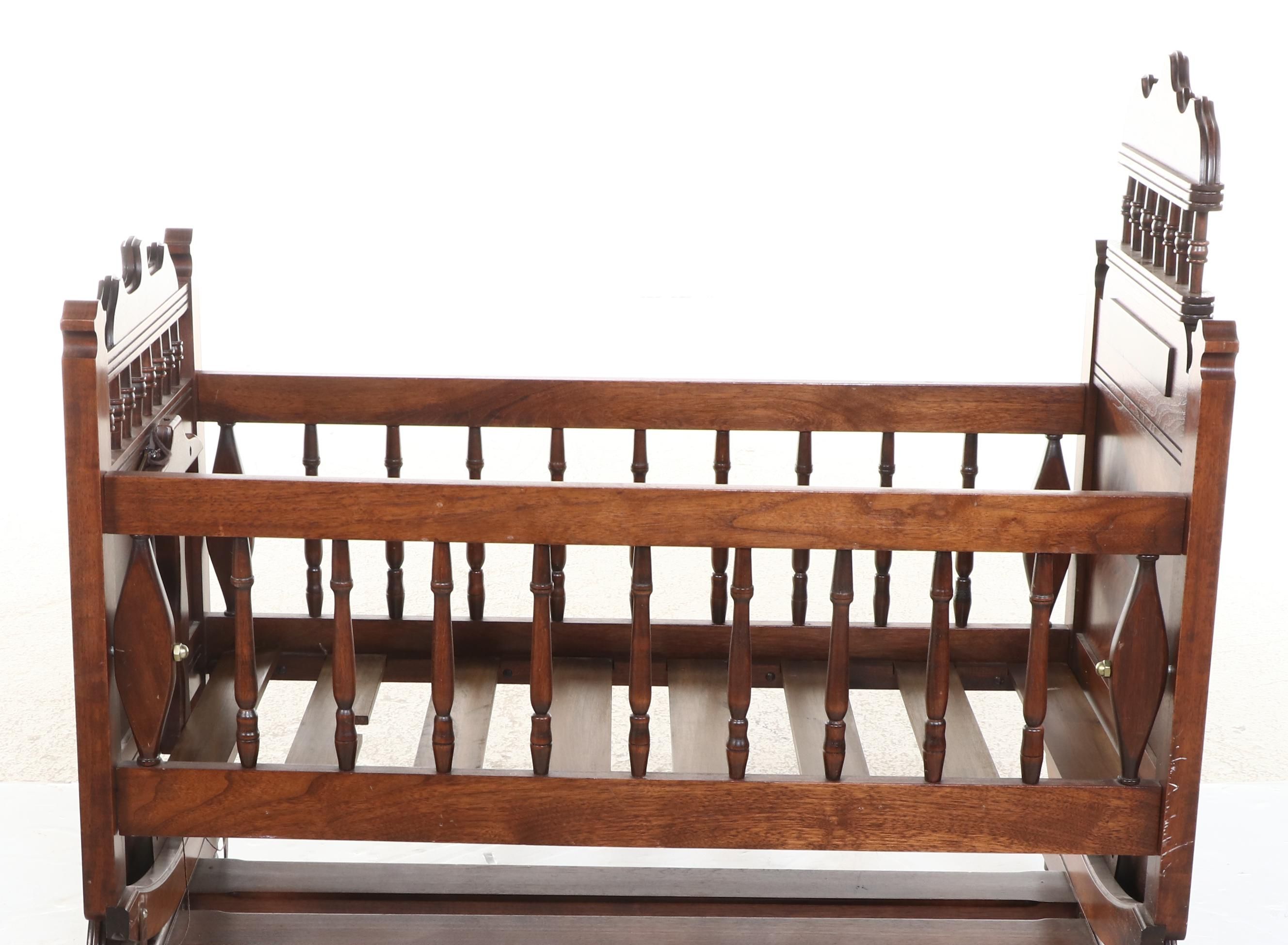 Victorian Eastlake Style Walnut Spool Baby Cradle, Late 19th Century
