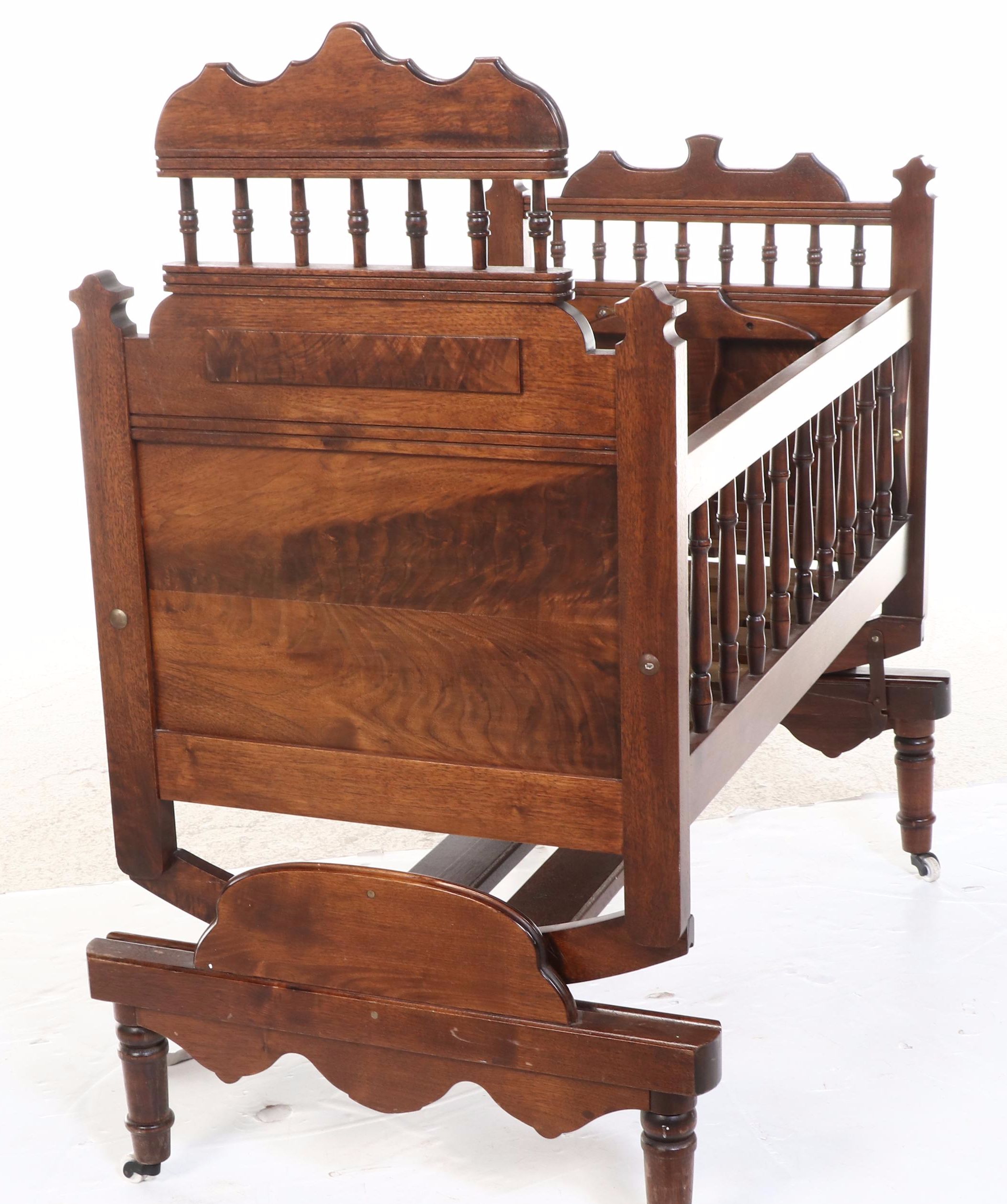 Victorian Eastlake Style Walnut Spool Baby Cradle, Late 19th Century