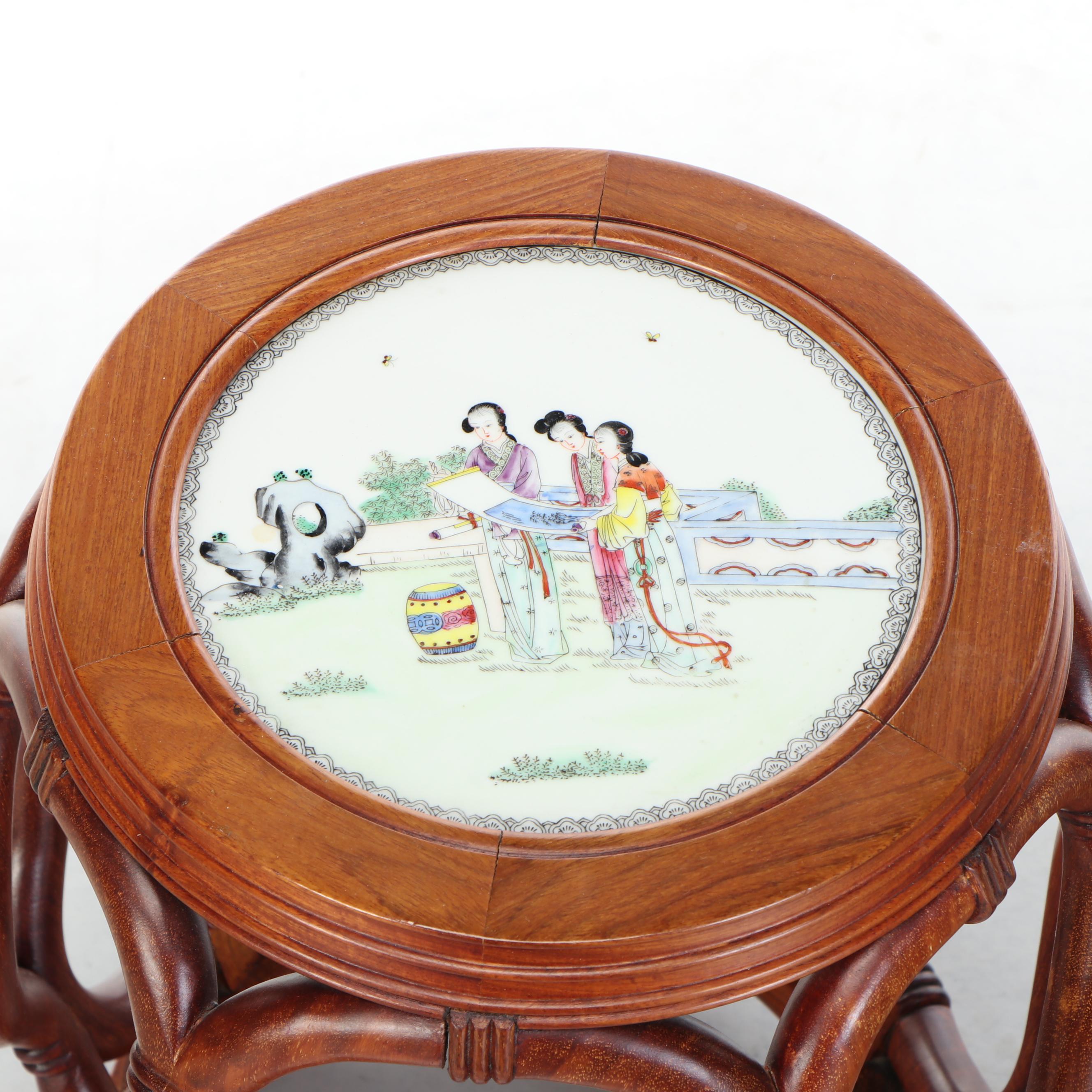 Pair of Majestic Co. Chinese Rosewood and Ceramic Medallion Top End Tables
