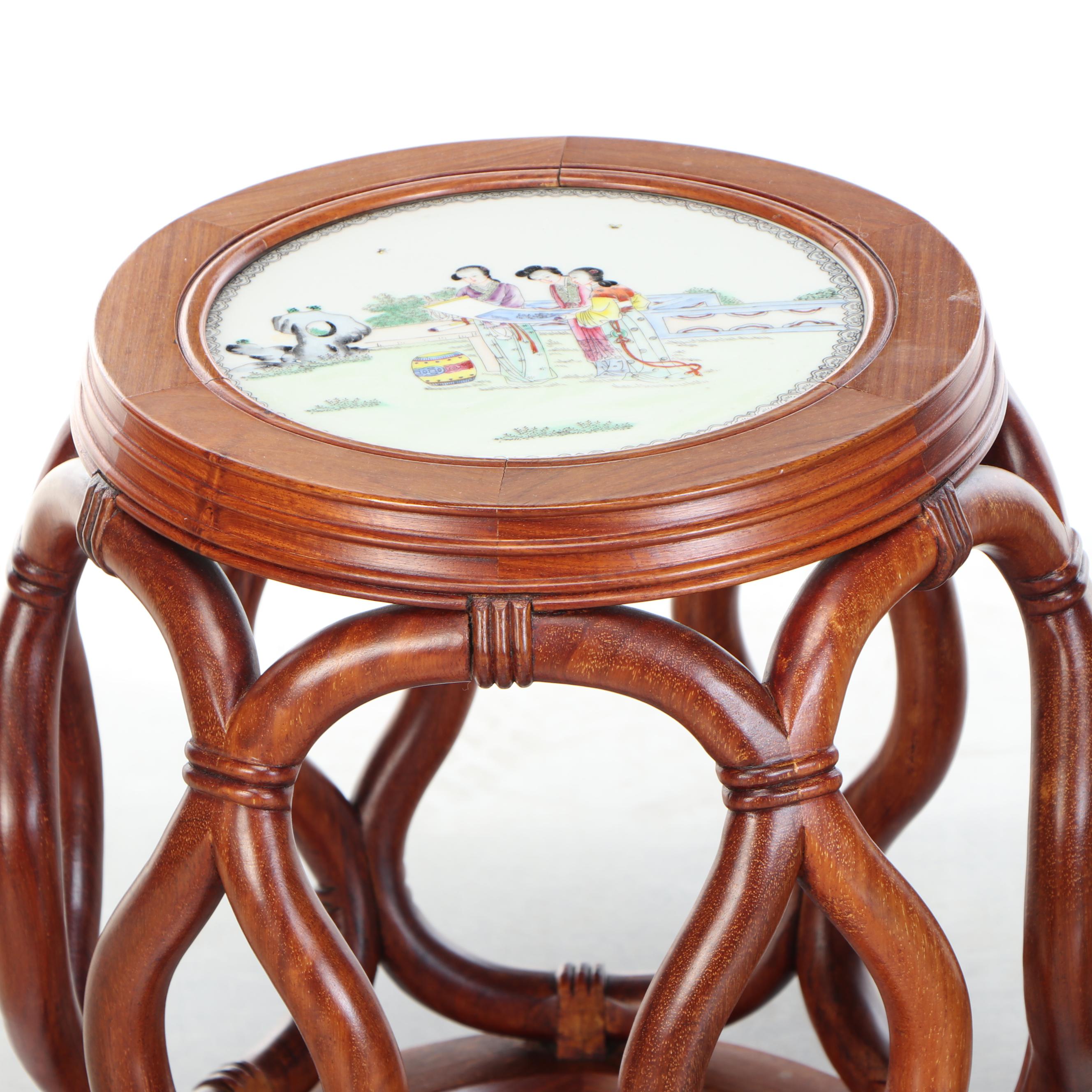 Pair of Majestic Co. Chinese Rosewood and Ceramic Medallion Top End Tables