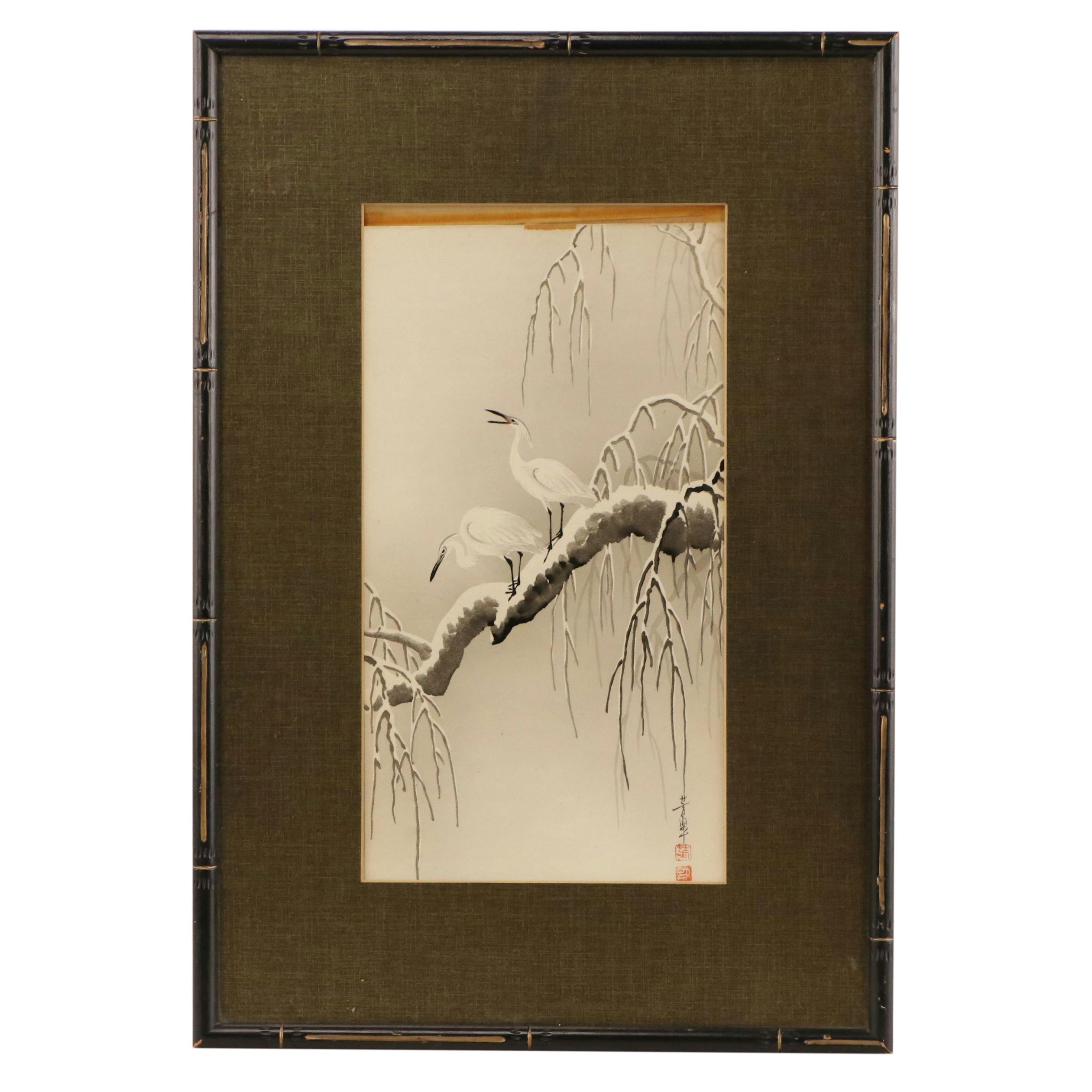 Japanese Ink Drawing of Egrets on Willow Branch, Mid-20th Century