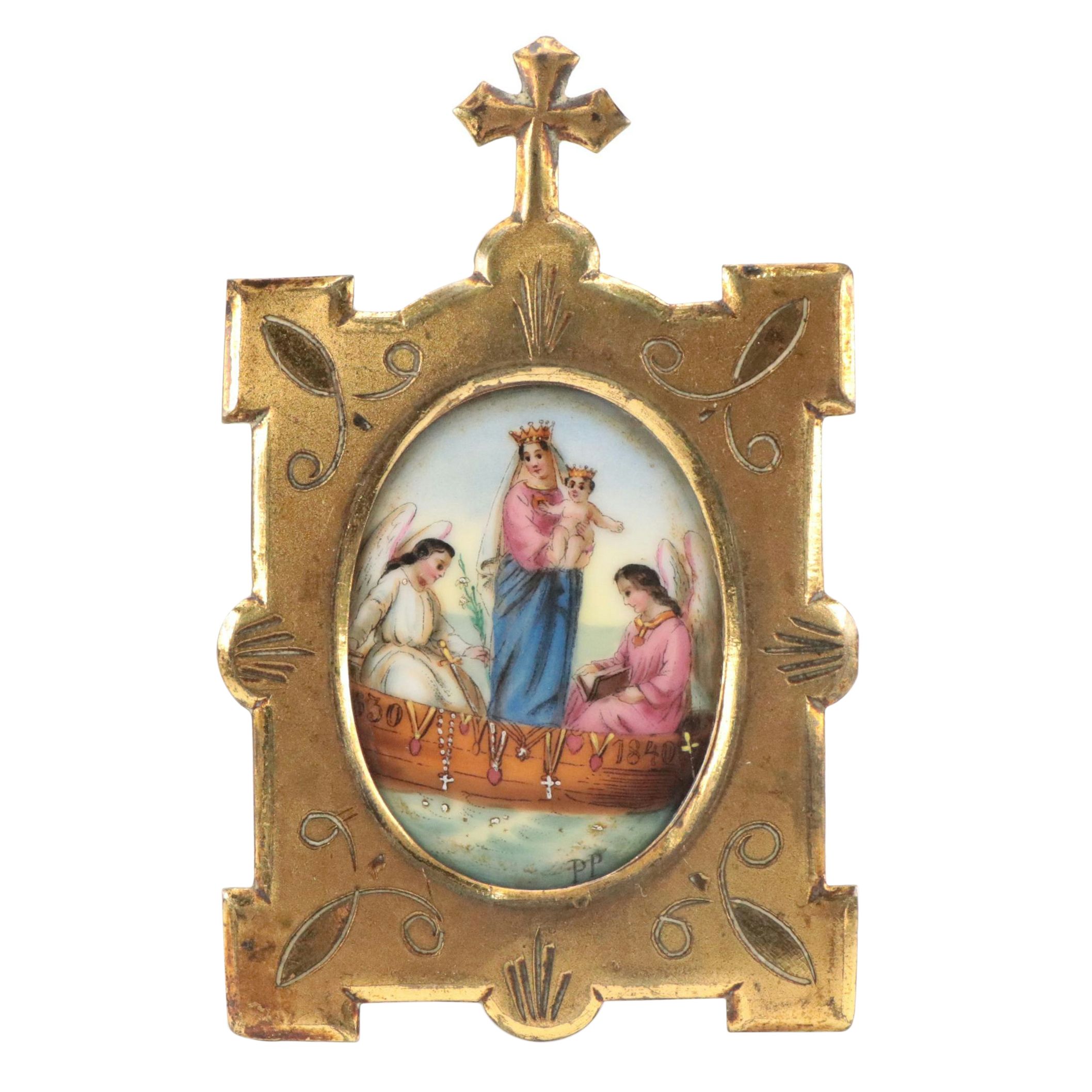 Hand-Painted Porcelain "Madonna and Child" Miniature Plaque in Gilt Metal Frame