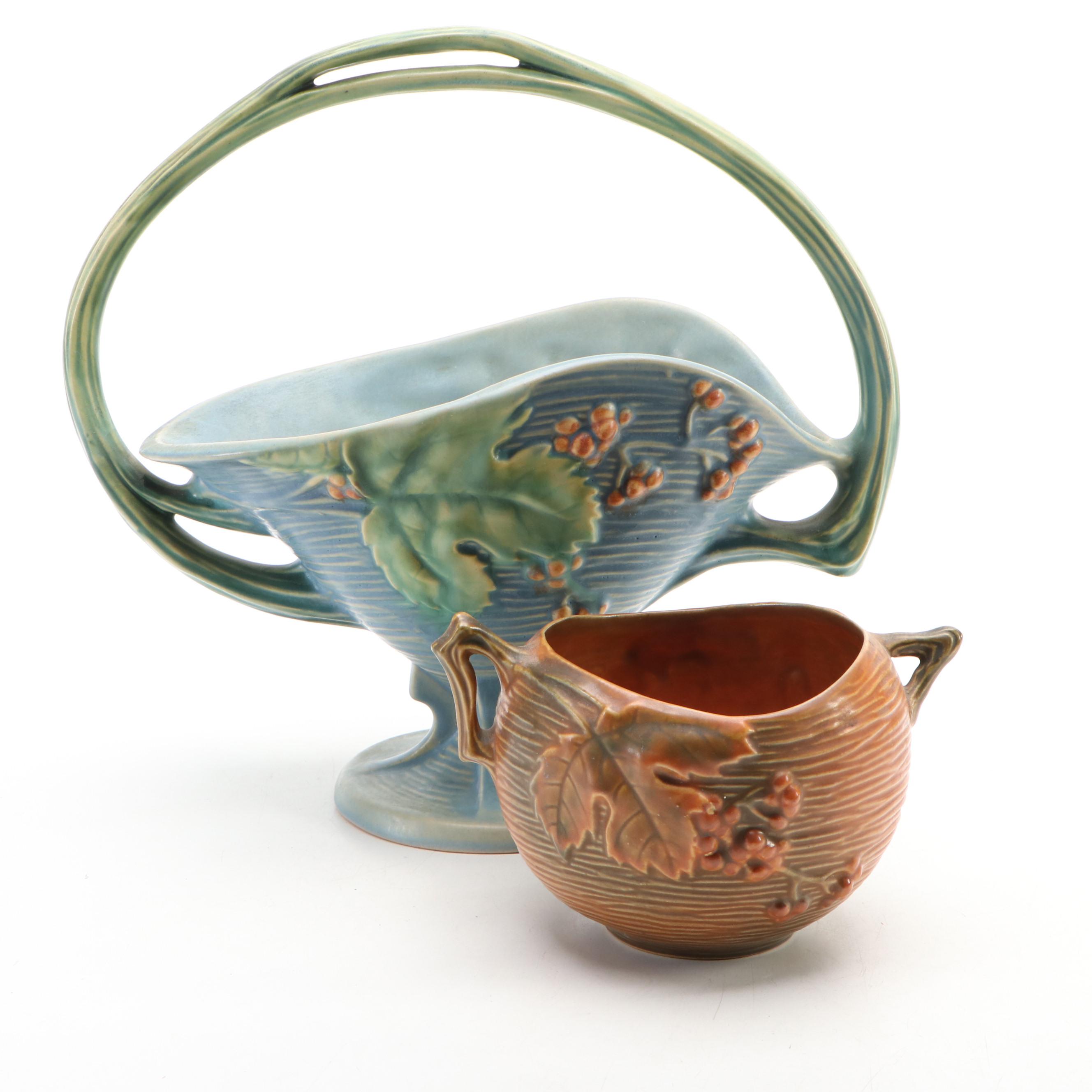 Roseville Pottery "Bushberry" Basket Vase and Bowl Planter, Mid-20th Century
