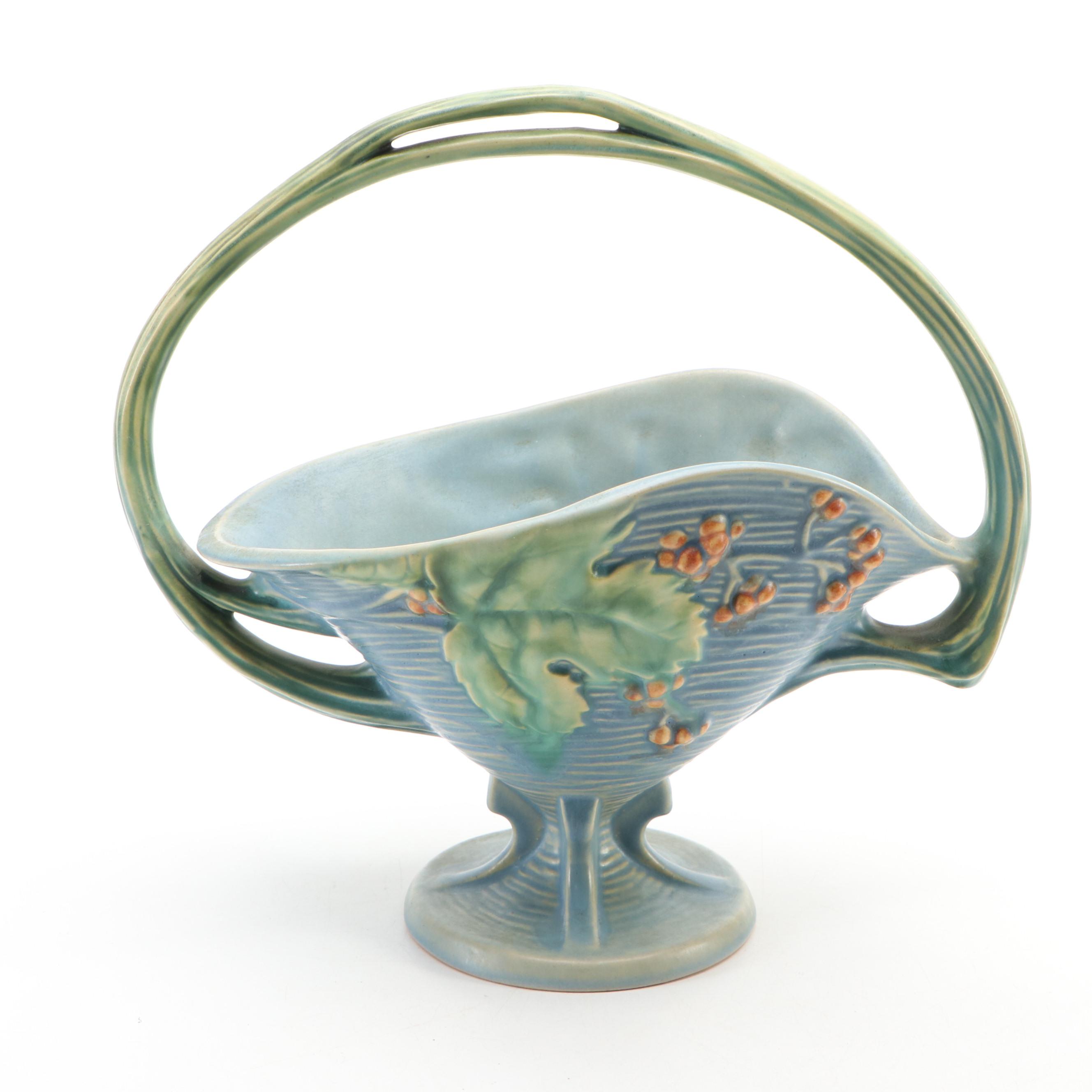 Roseville Pottery "Bushberry" Basket Vase and Bowl Planter, Mid-20th Century