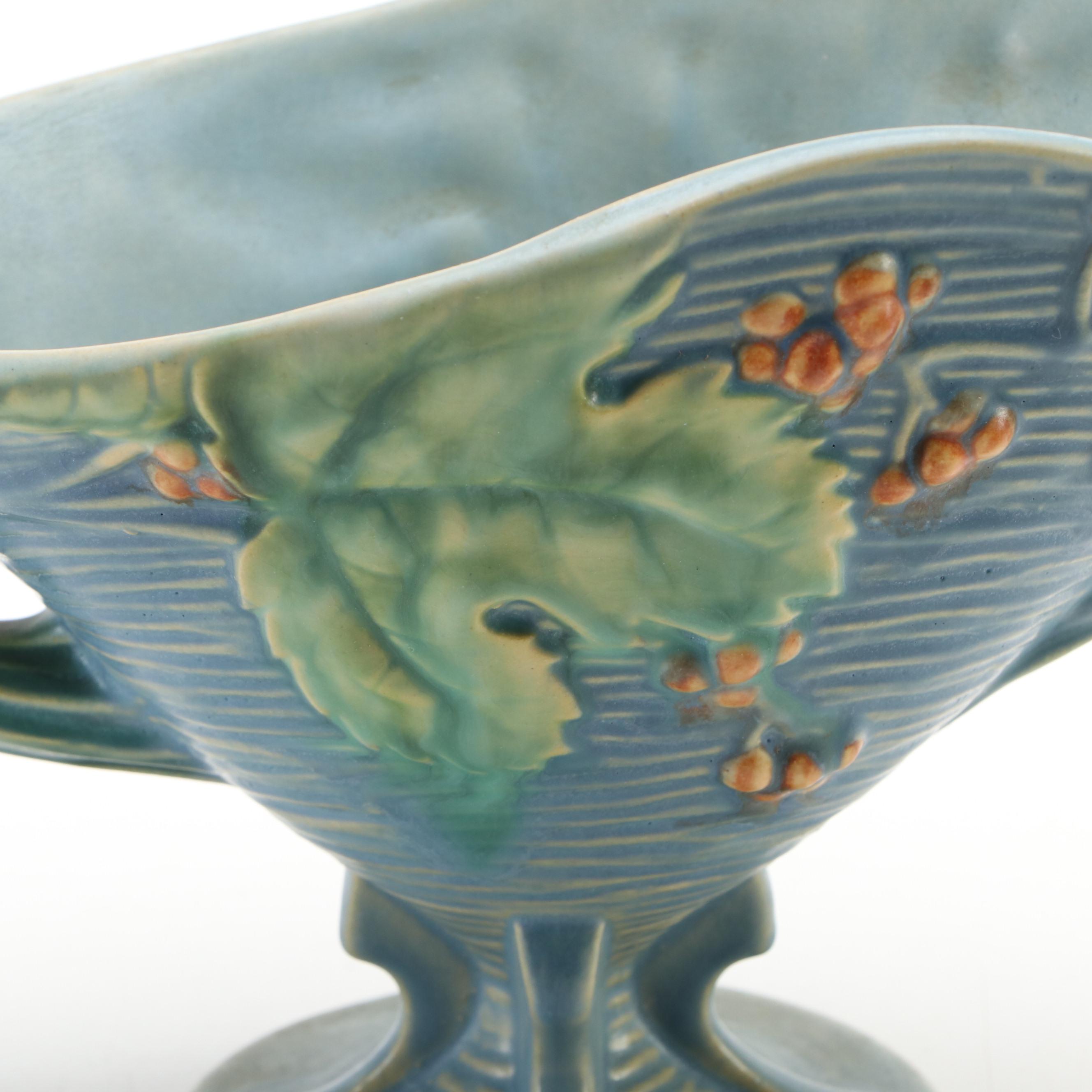 Roseville Pottery "Bushberry" Basket Vase and Bowl Planter, Mid-20th Century