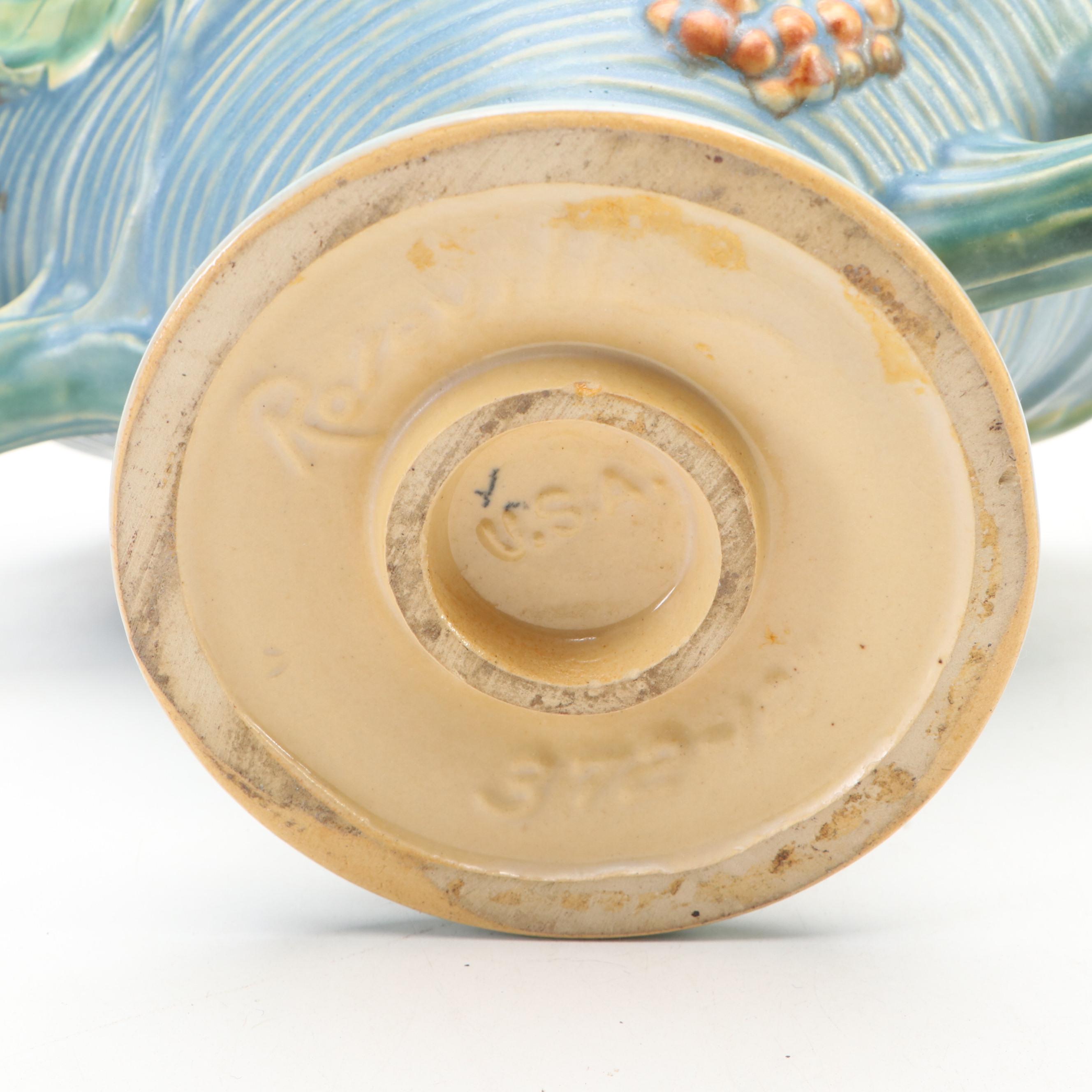 Roseville Pottery "Bushberry" Basket Vase and Bowl Planter, Mid-20th Century