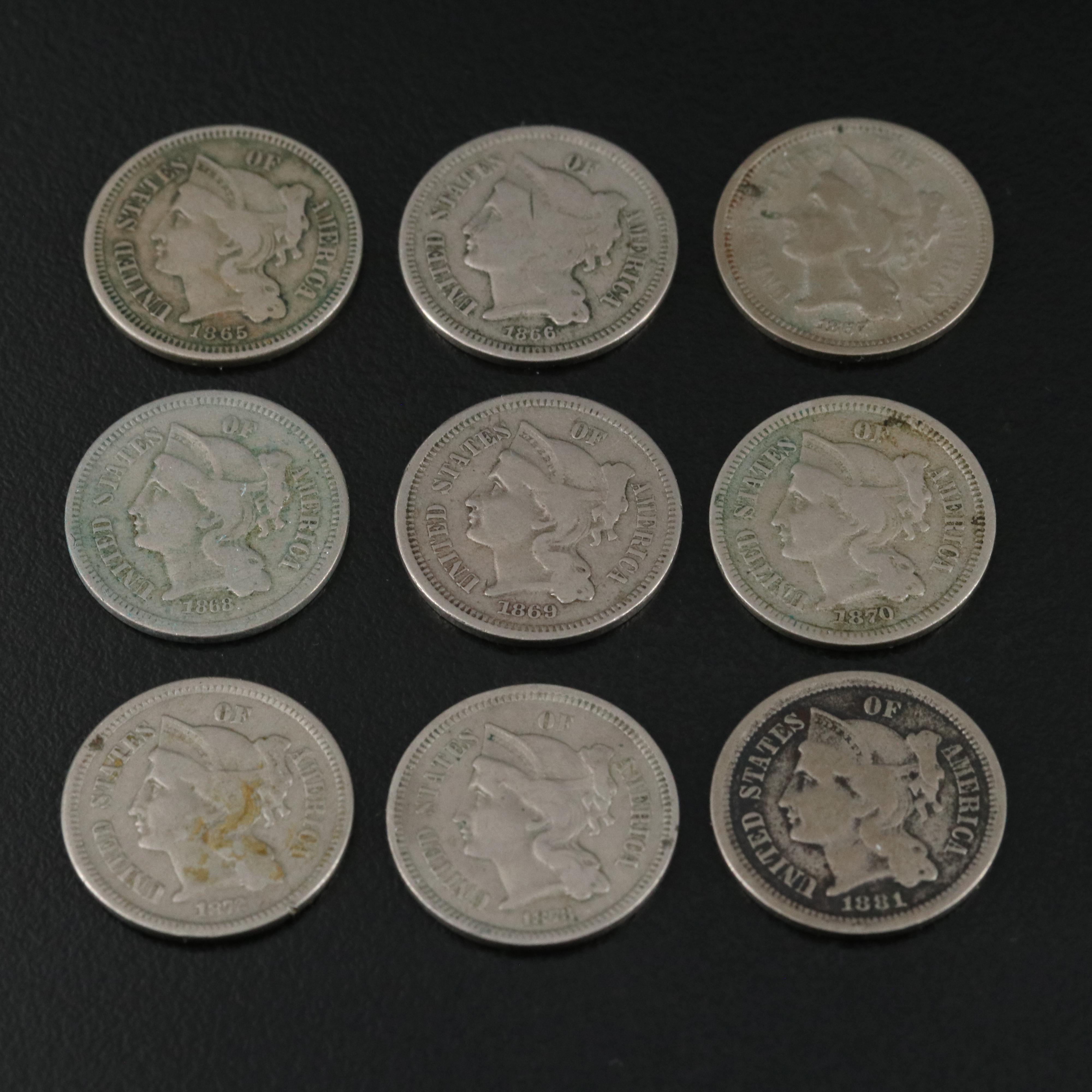 Nine Different U.S. Three Cent Nickel Coins