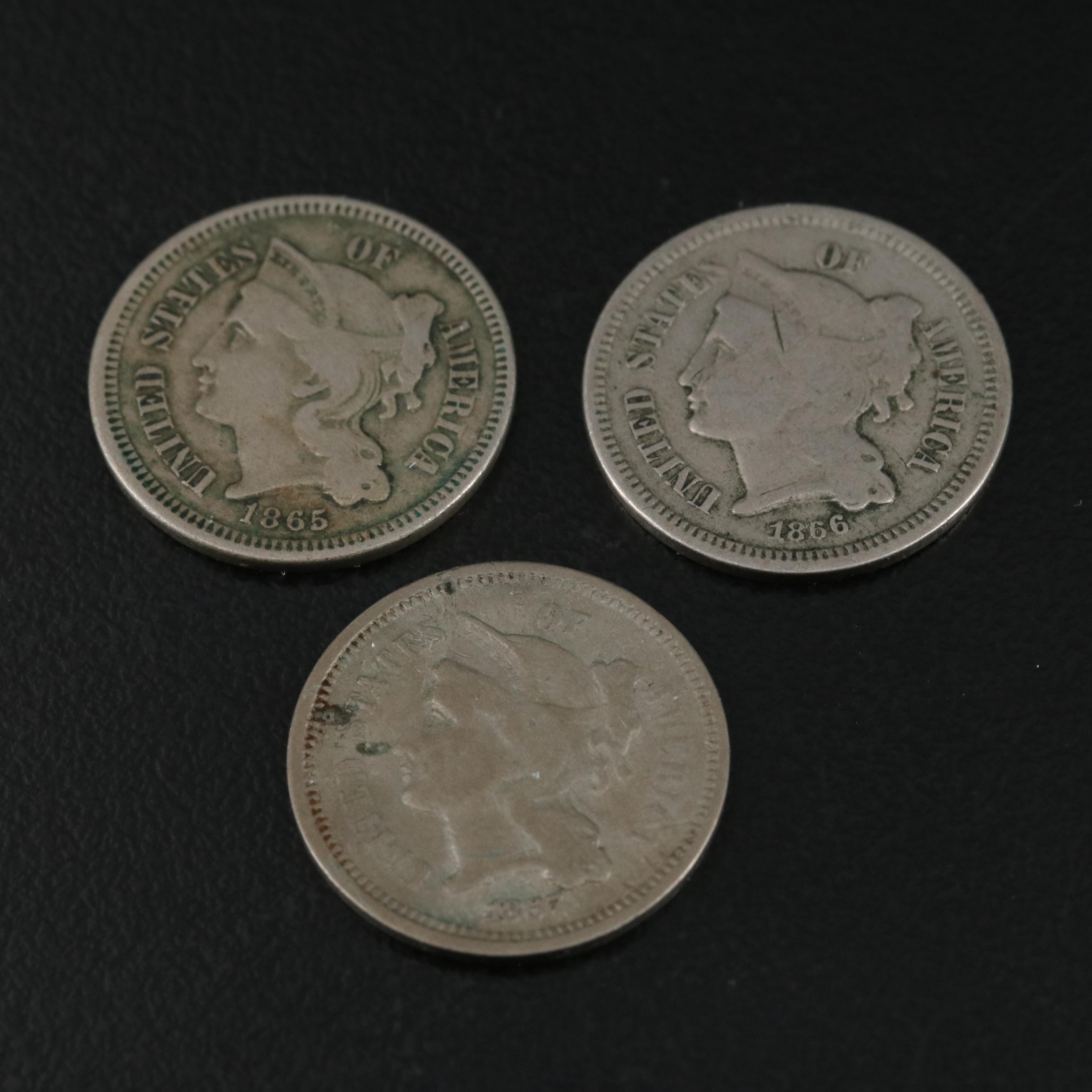 Nine Different U.S. Three Cent Nickel Coins