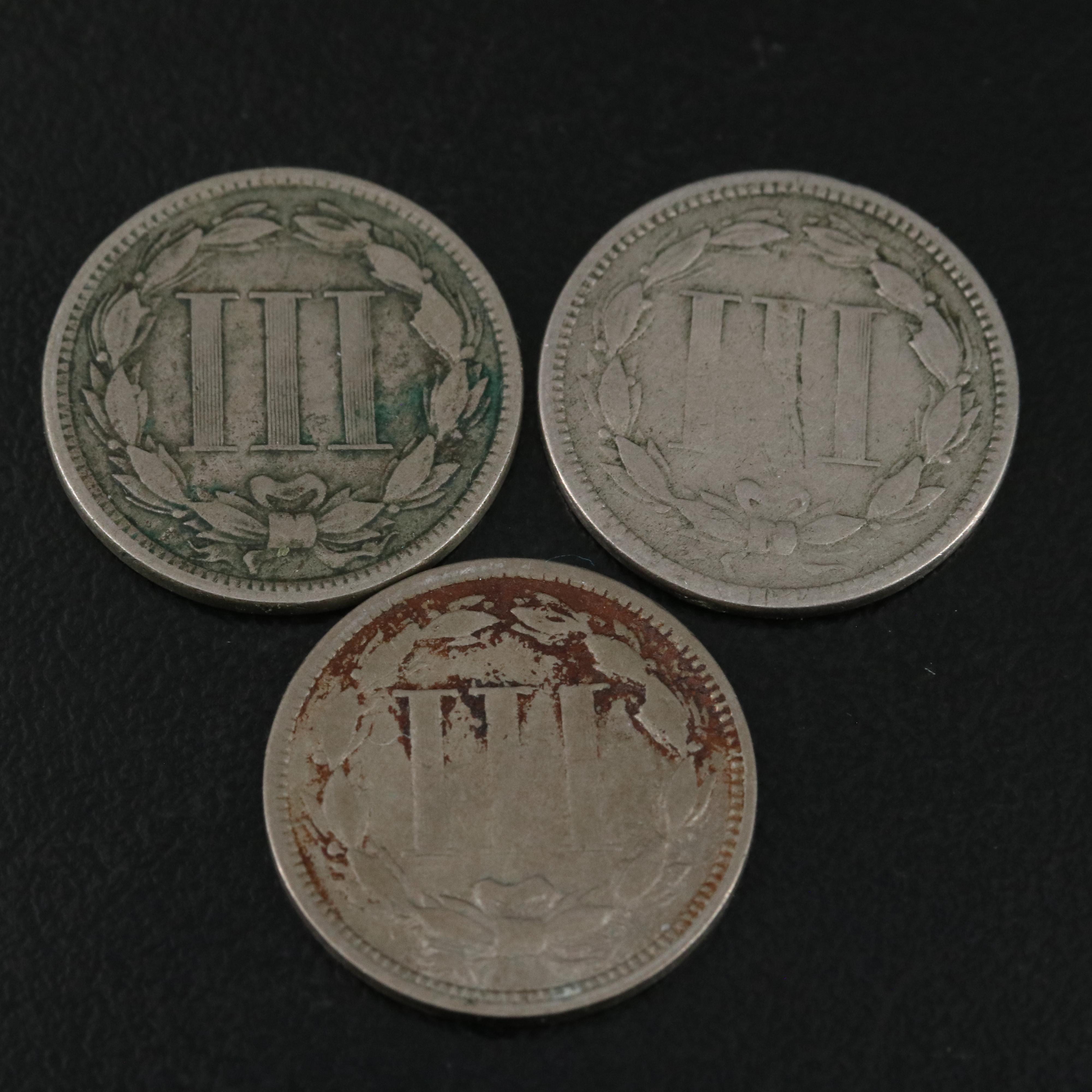 Nine Different U.S. Three Cent Nickel Coins