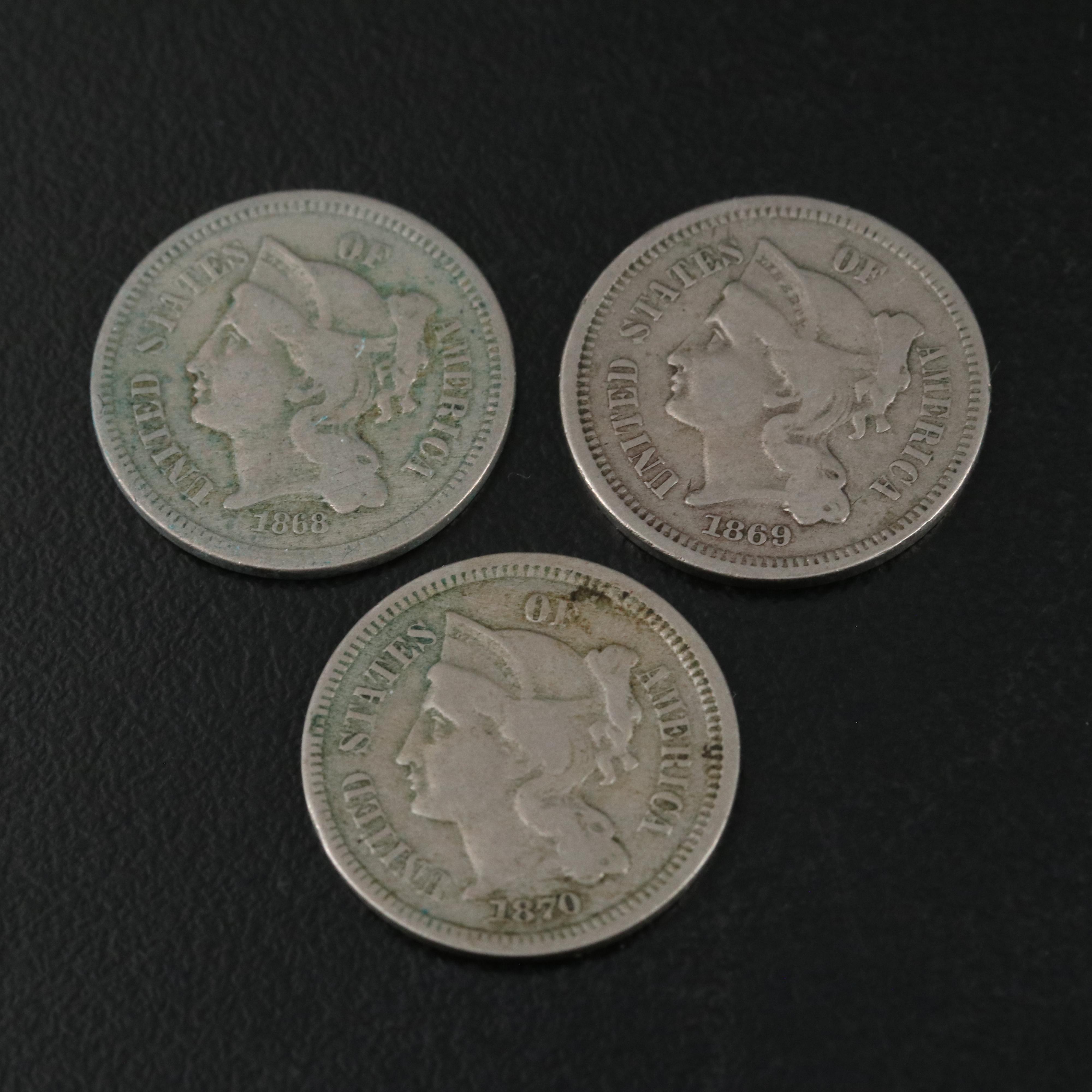 Nine Different U.S. Three Cent Nickel Coins