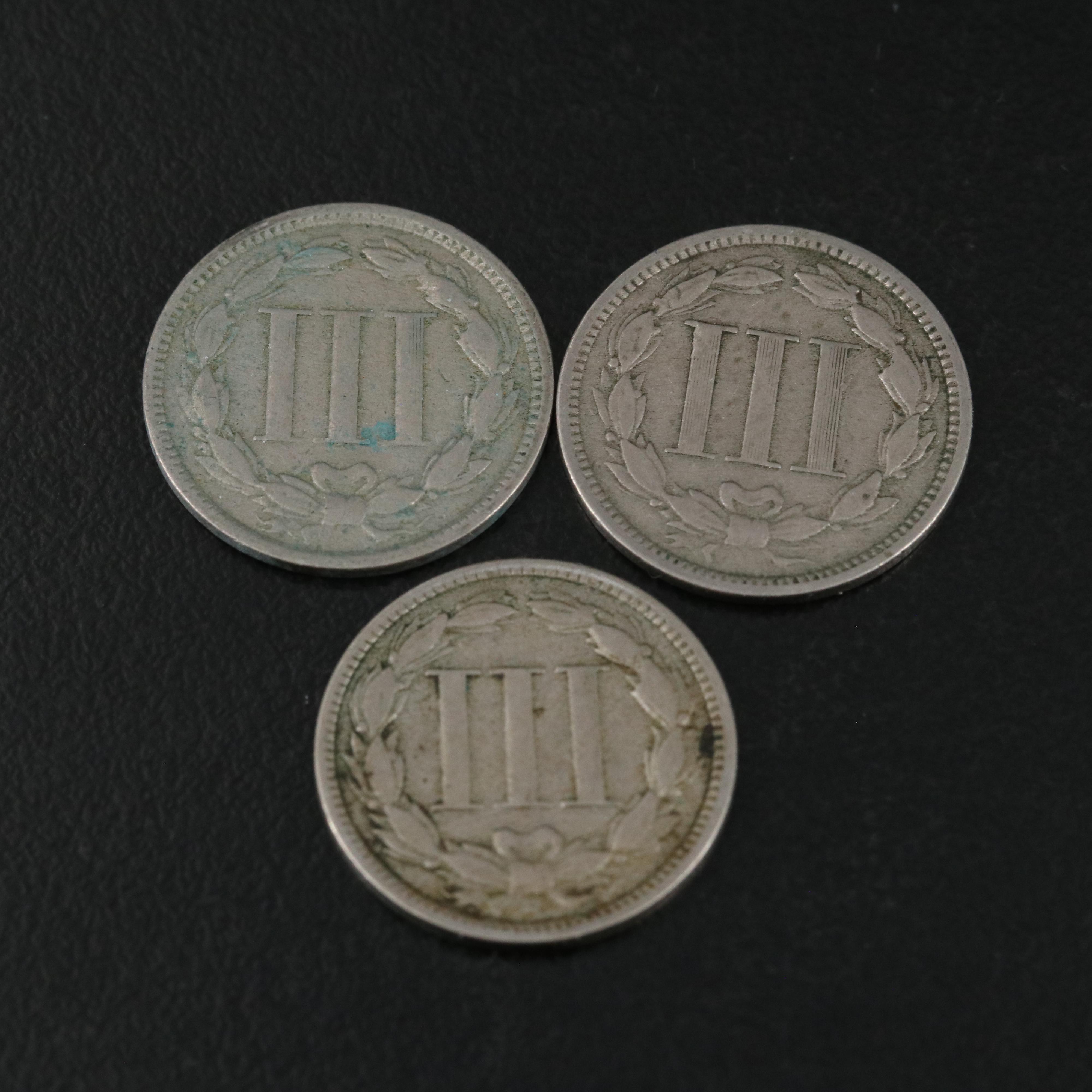 Nine Different U.S. Three Cent Nickel Coins