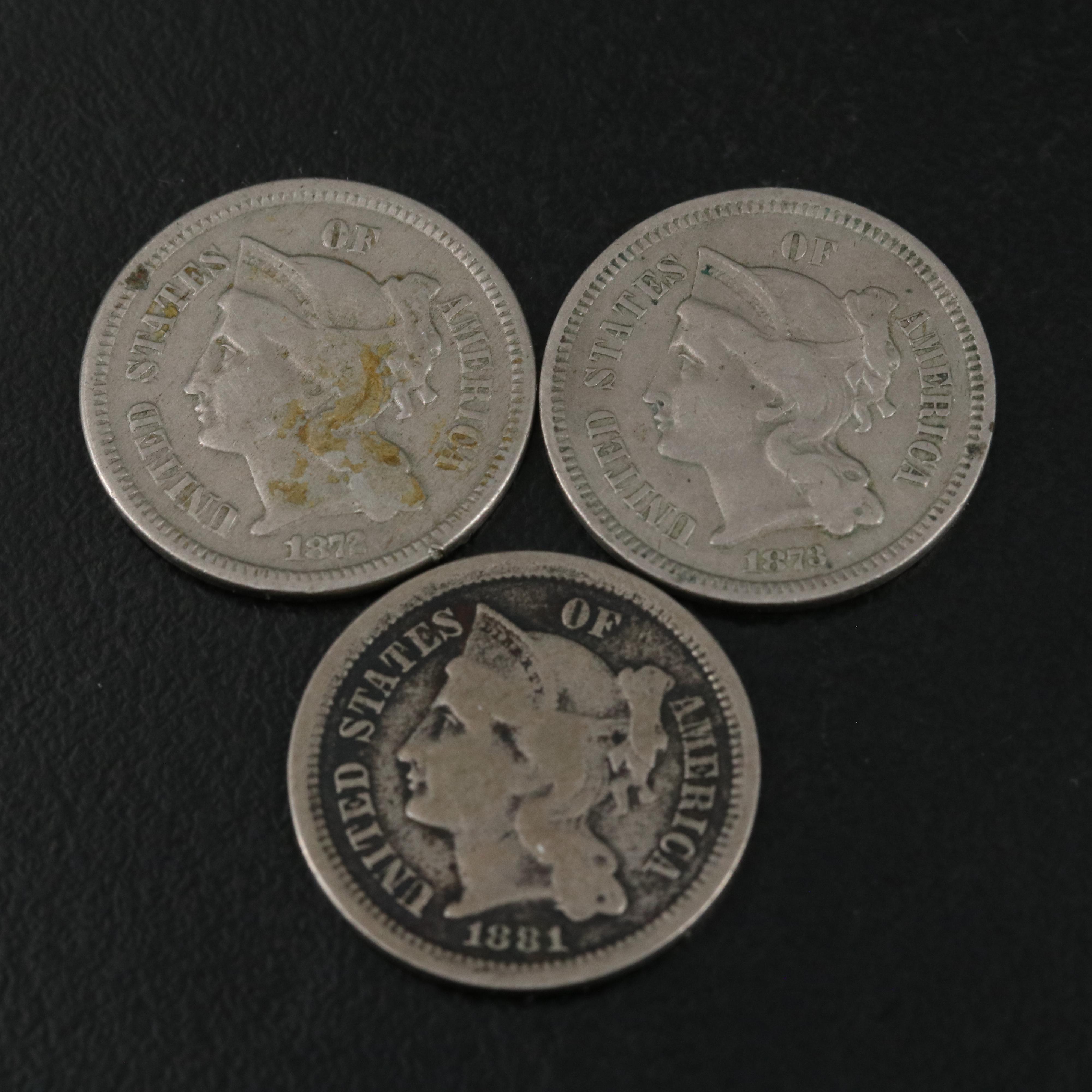 Nine Different U.S. Three Cent Nickel Coins