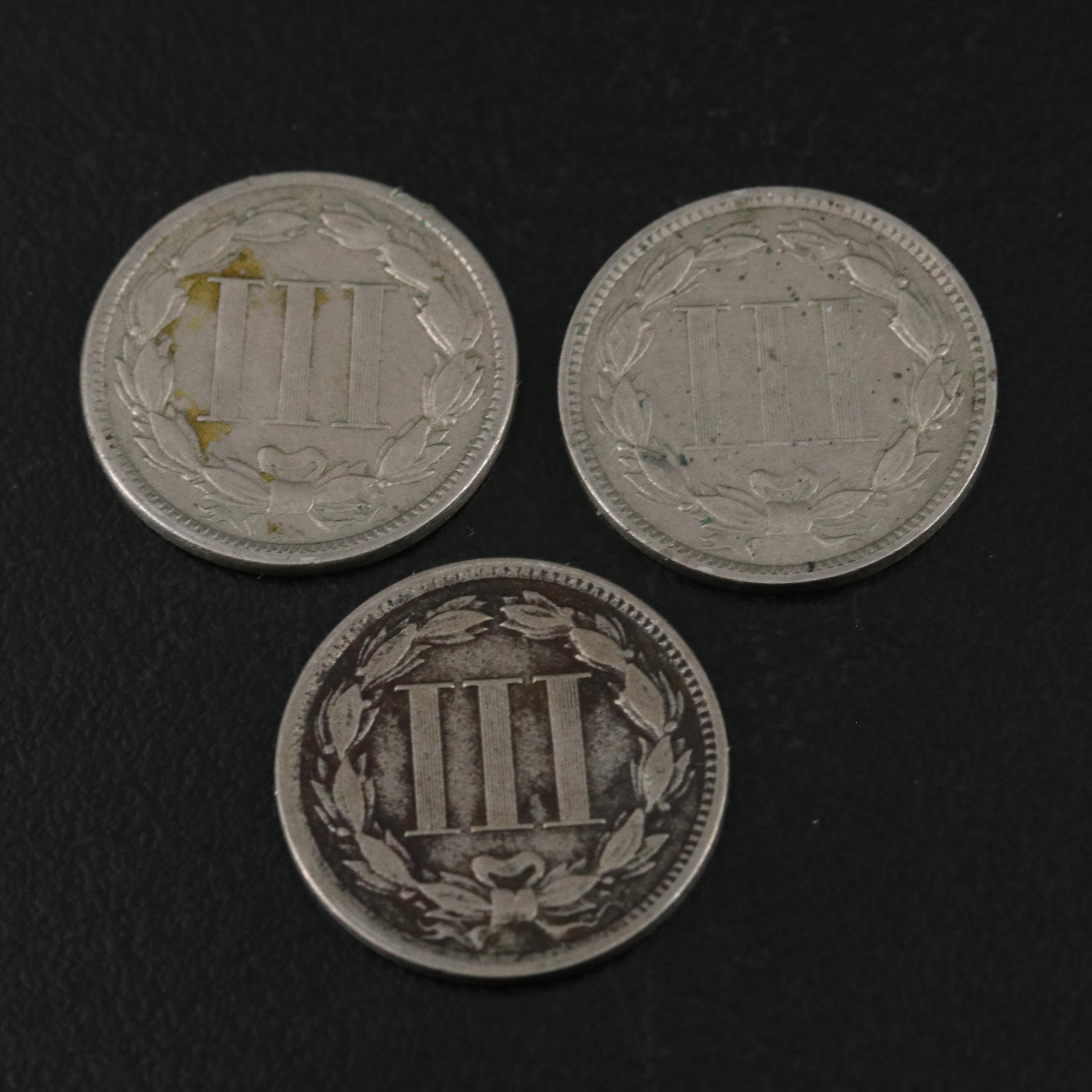 Nine Different U.S. Three Cent Nickel Coins
