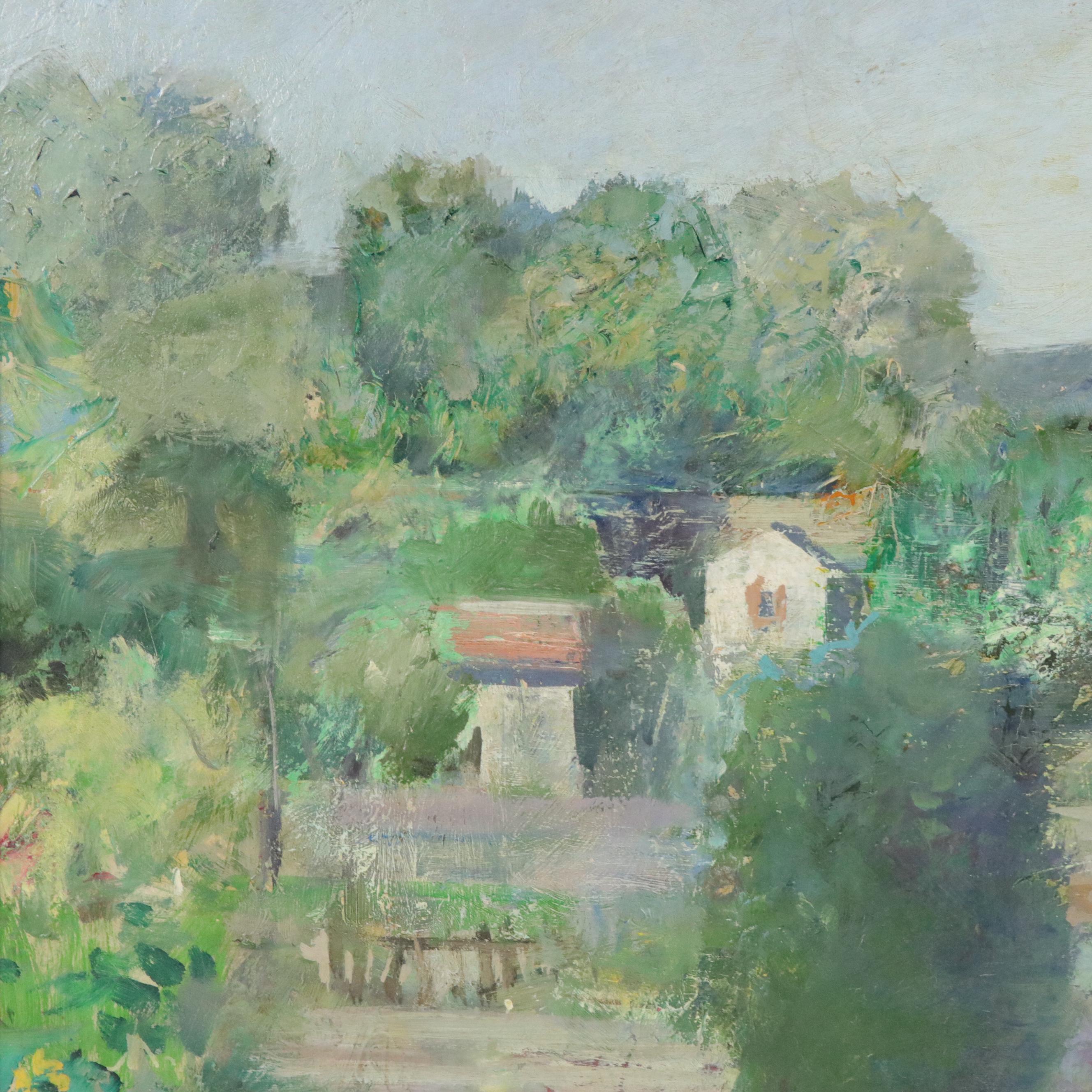 Landscape Oil Painting with Arborous Town, Mid–Late 20th Century