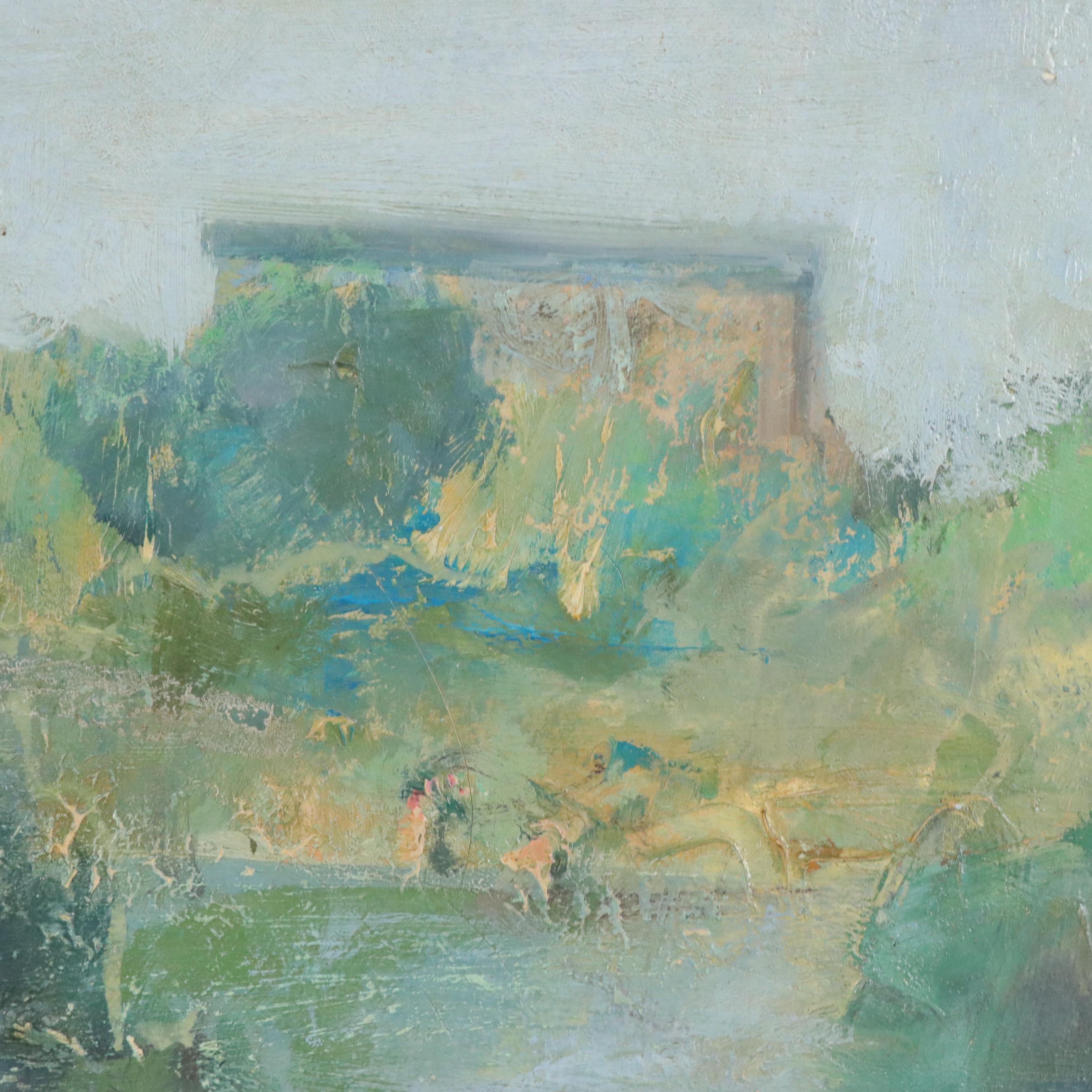 Landscape Oil Painting with Arborous Town, Mid–Late 20th Century