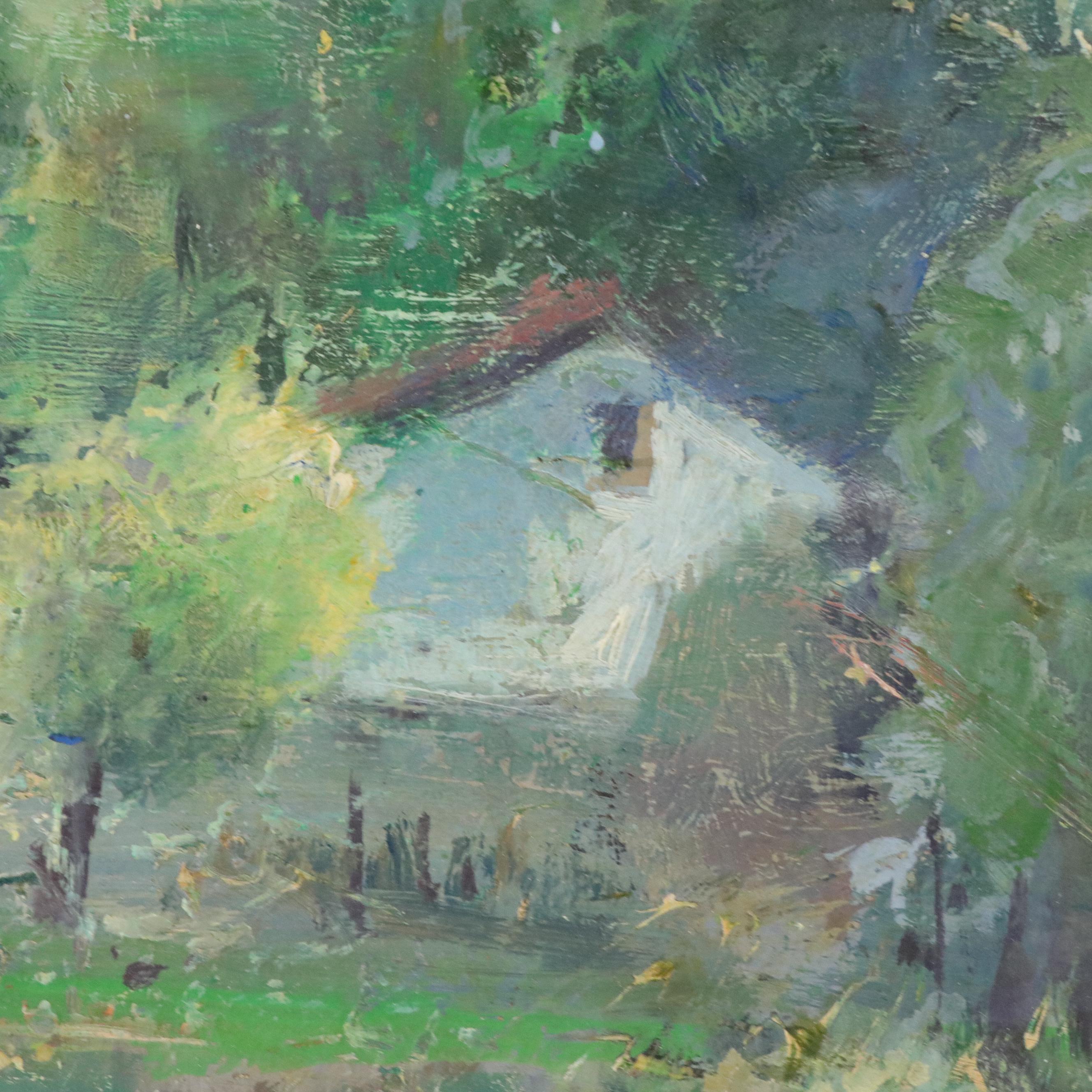 Landscape Oil Painting with Arborous Town, Mid–Late 20th Century
