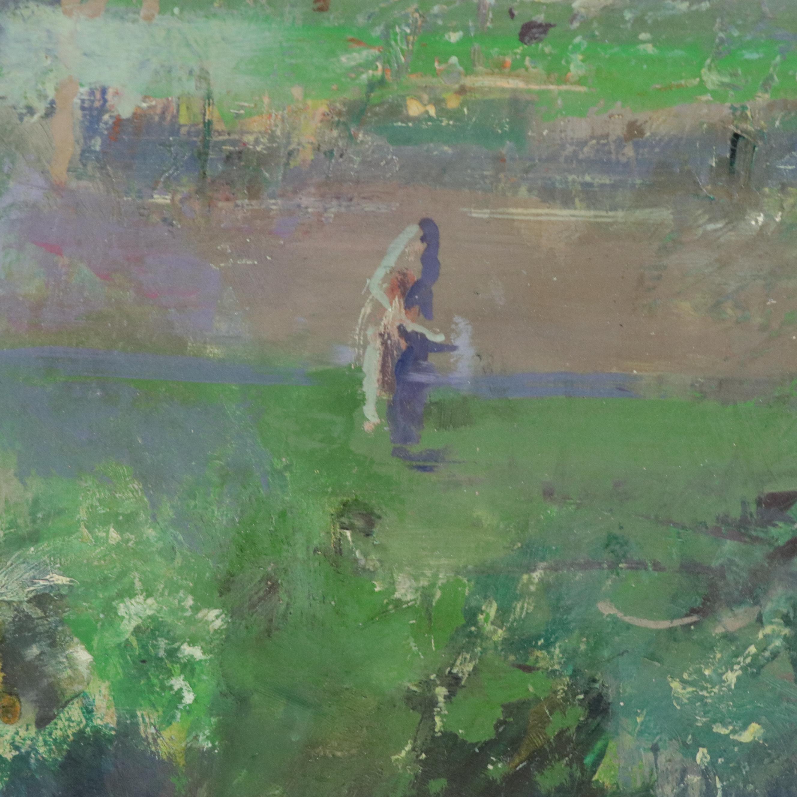 Landscape Oil Painting with Arborous Town, Mid–Late 20th Century