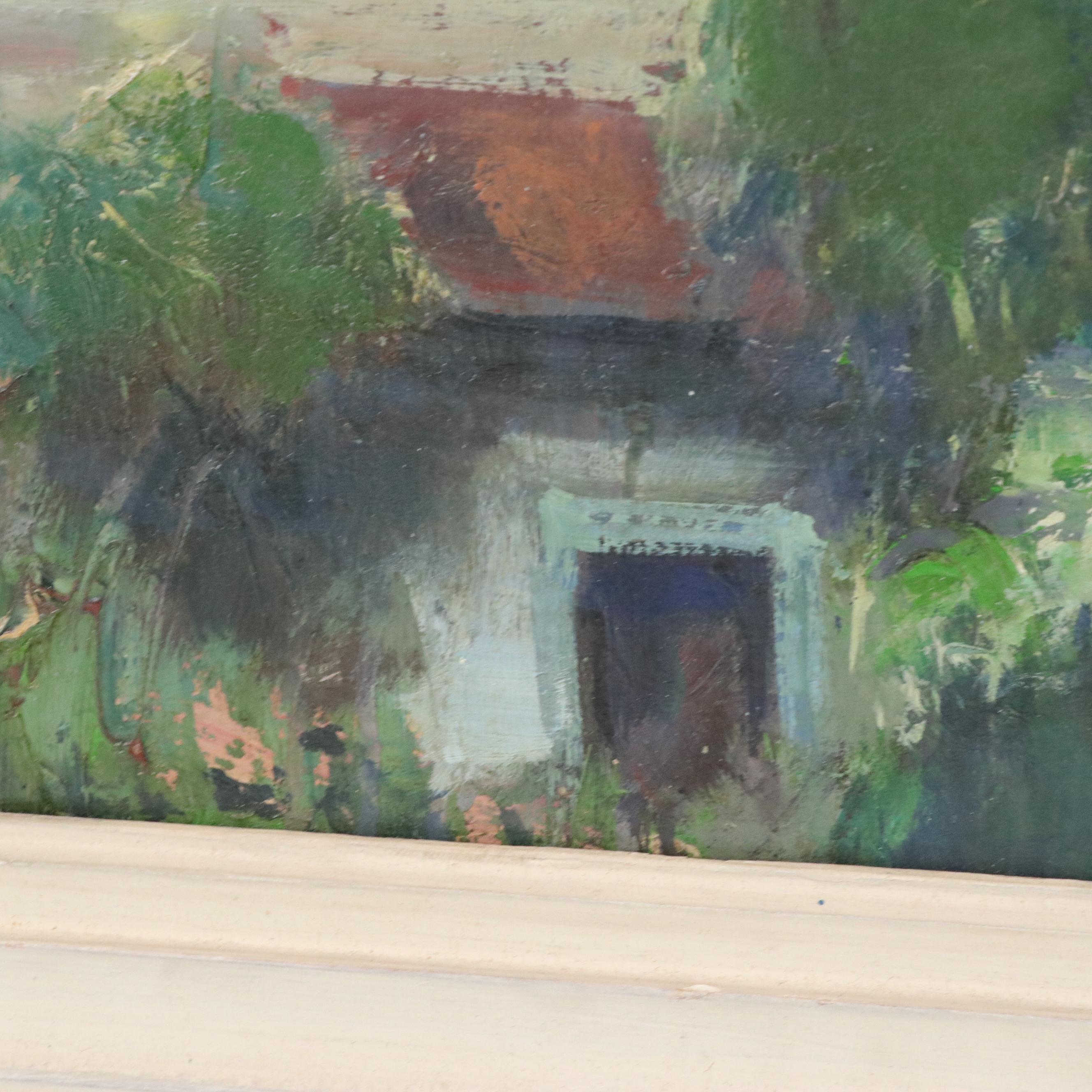 Landscape Oil Painting with Arborous Town, Mid–Late 20th Century