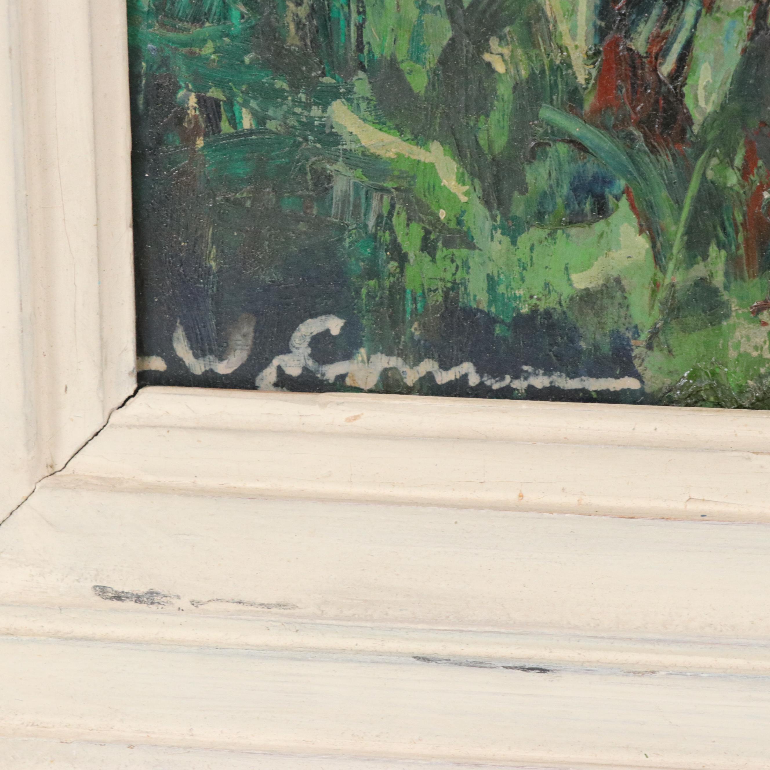 Landscape Oil Painting with Arborous Town, Mid–Late 20th Century