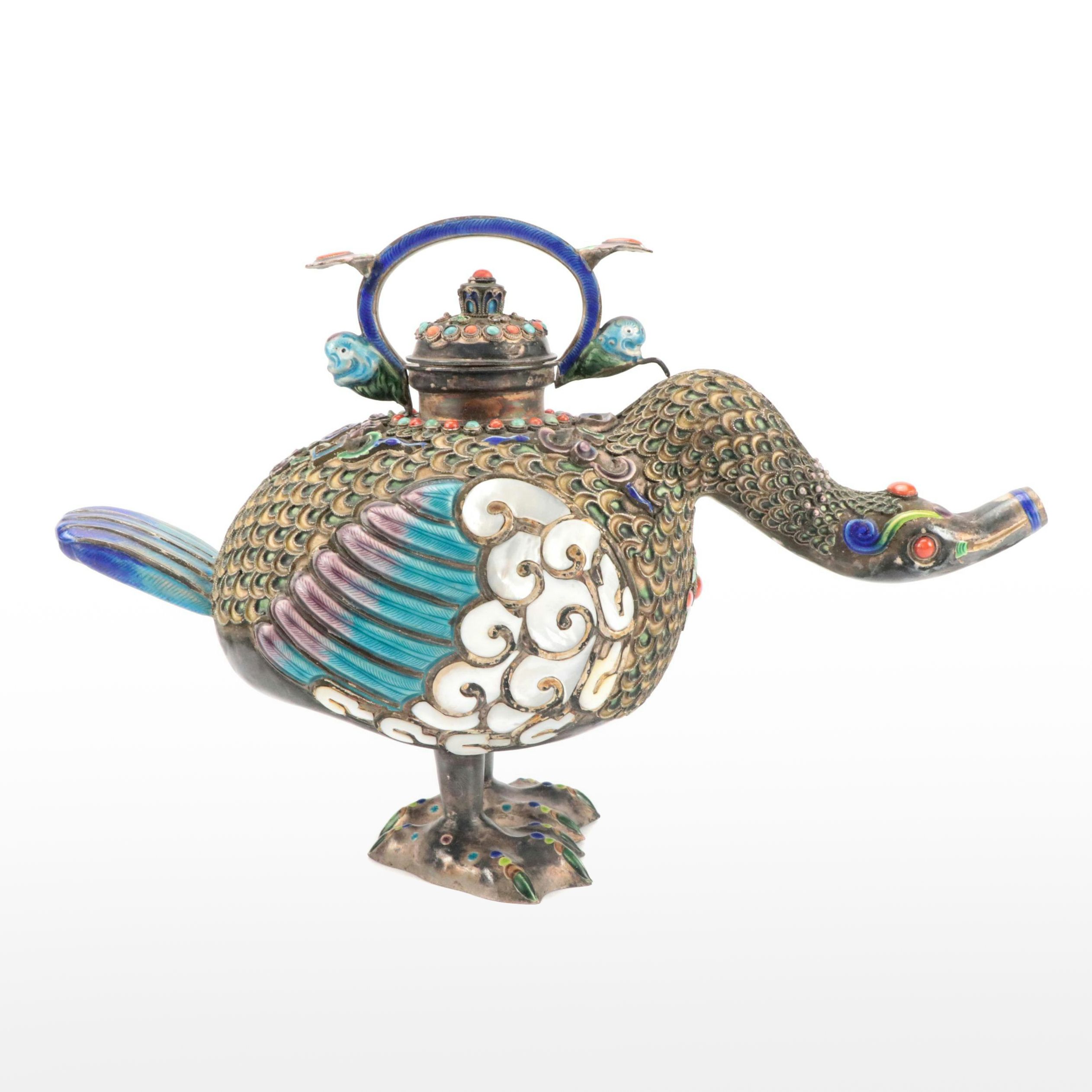 Chinese Champlevé Enamel and Mother-of-Pearl Bird-Shaped Ewer