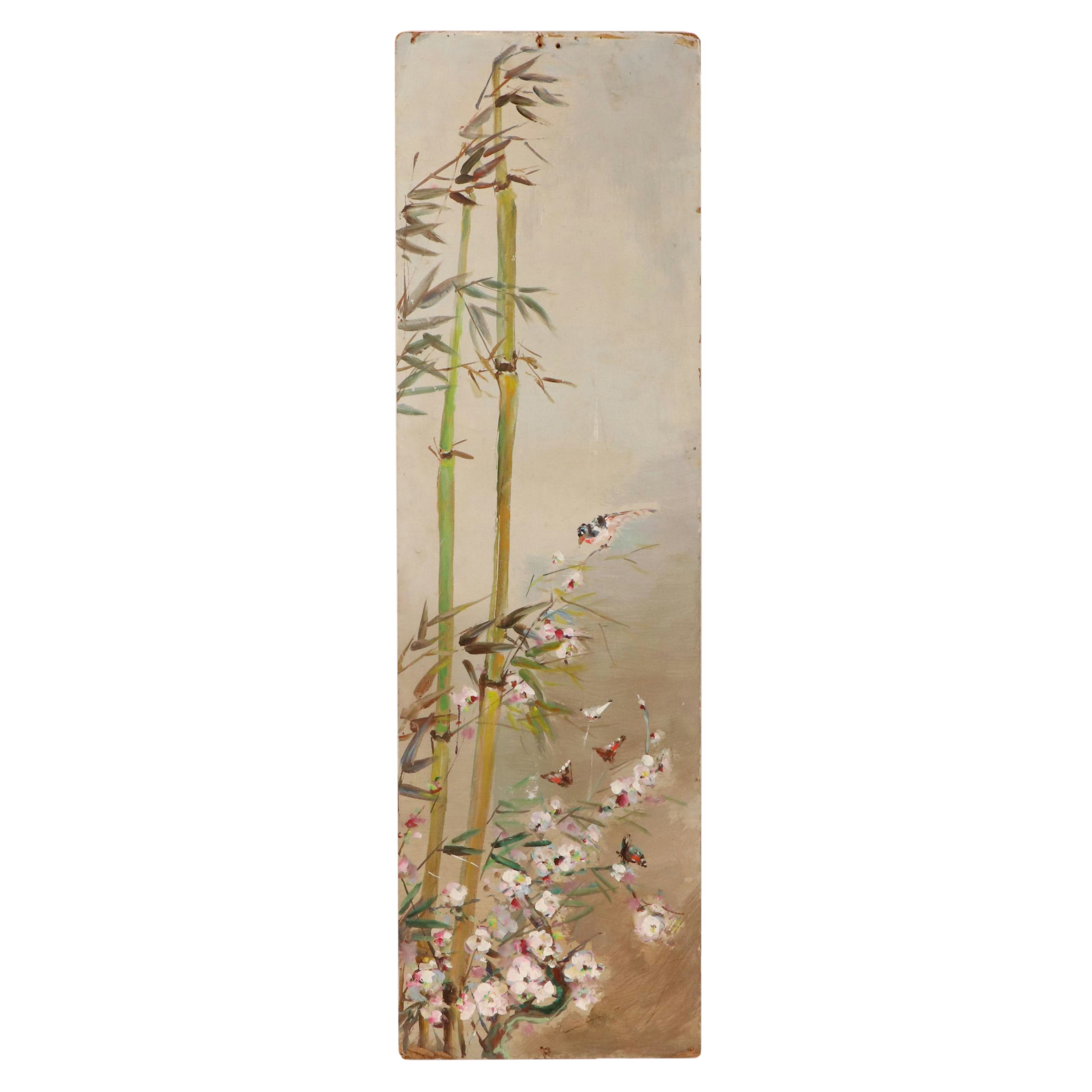 Japanese or Chinese Oil Painting With Bamboo and Bird, Mid-20th Century