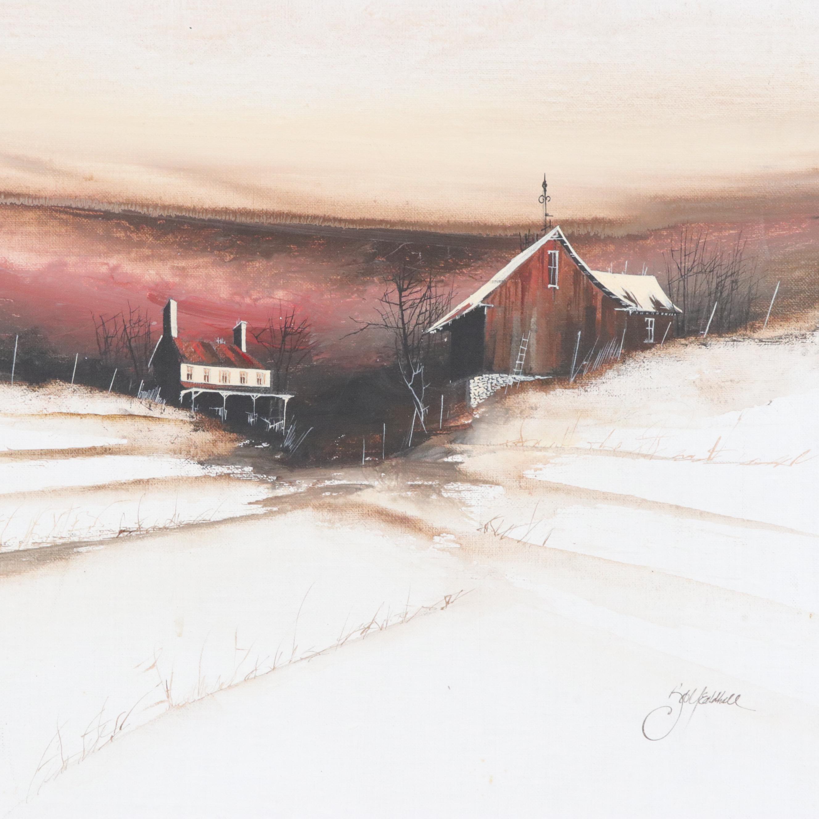 Bob Yealdhall Oil Wash Farm Landscape Painting, Circa 1960