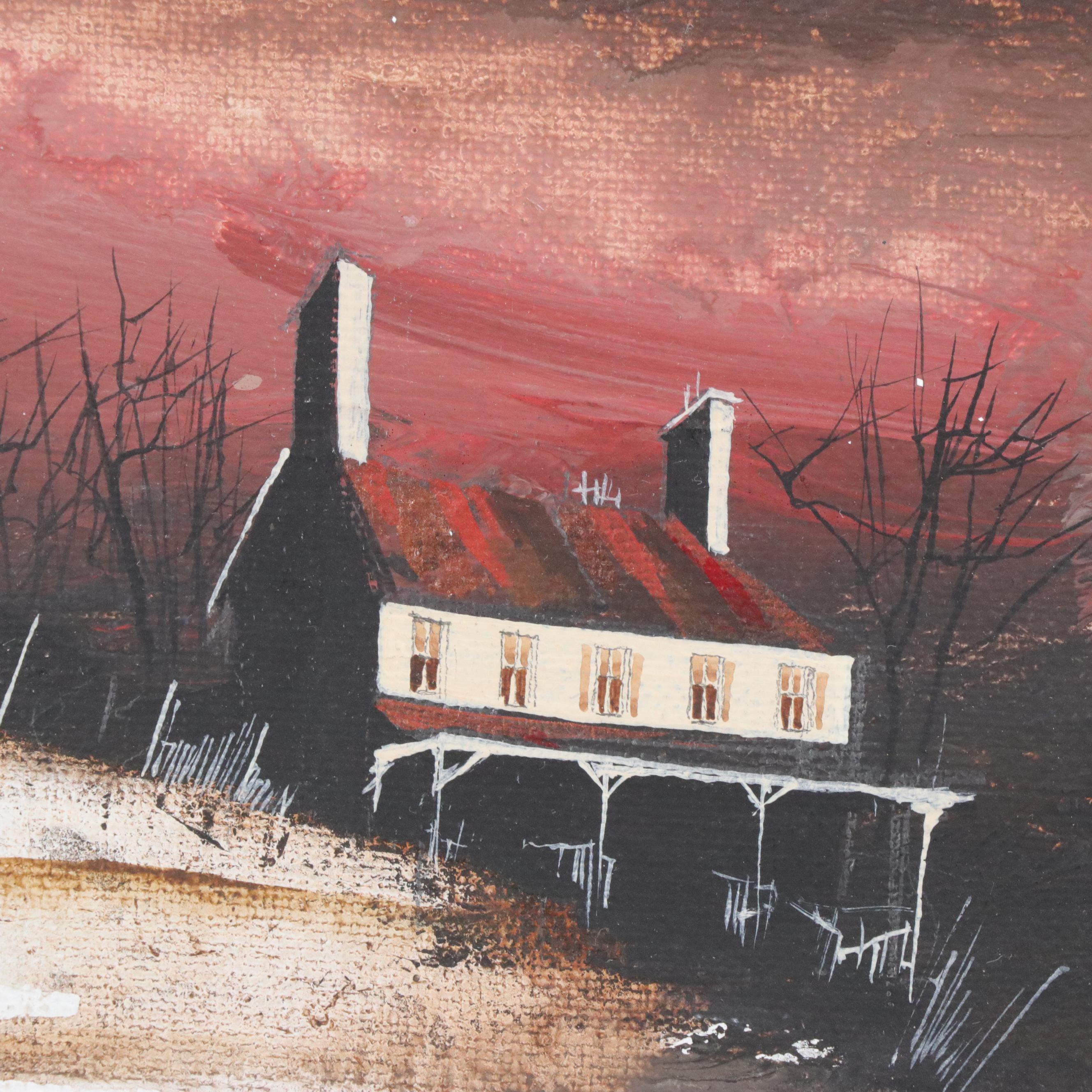 Bob Yealdhall Oil Wash Farm Landscape Painting, Circa 1960