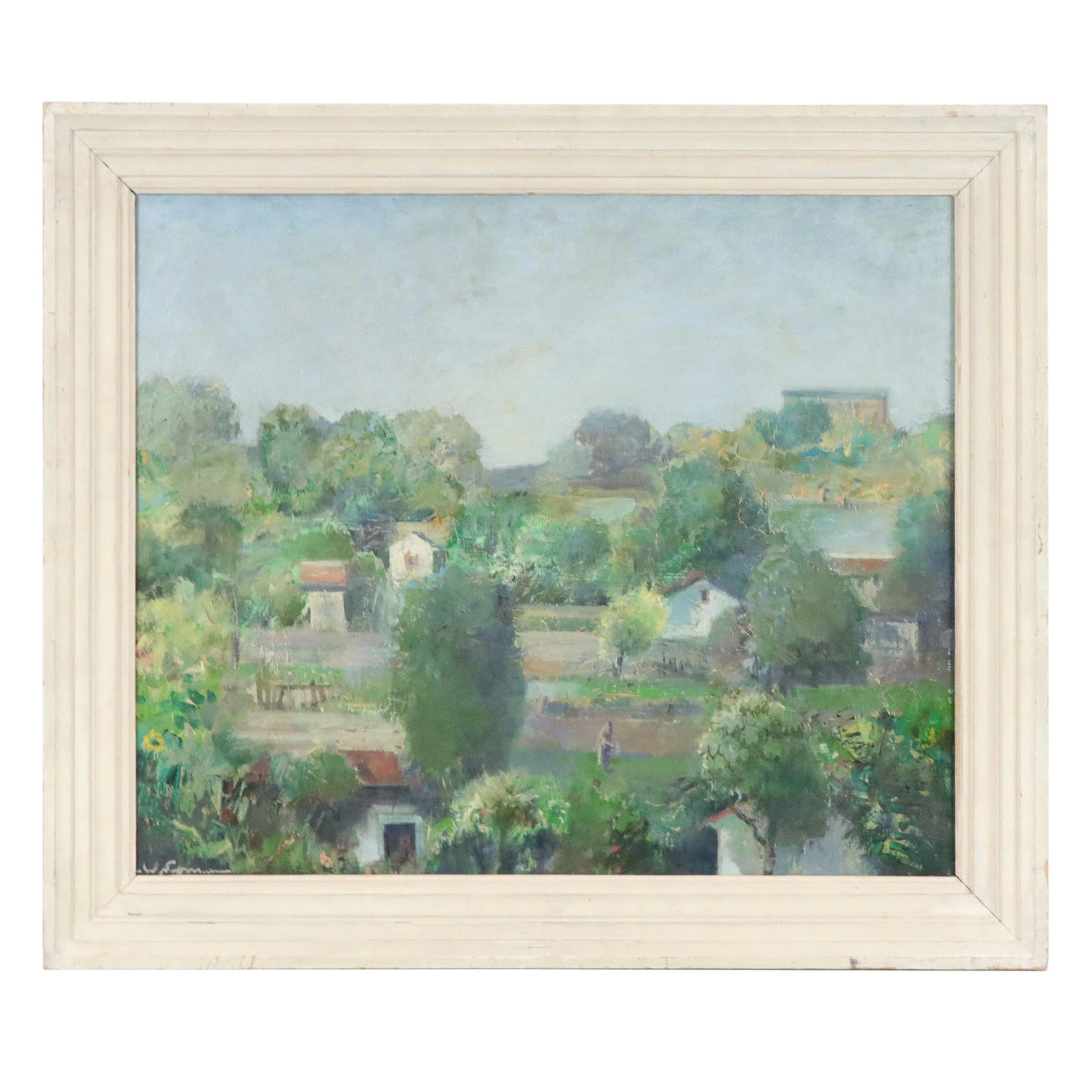 Landscape Oil Painting with Arborous Town, Mid–Late 20th Century