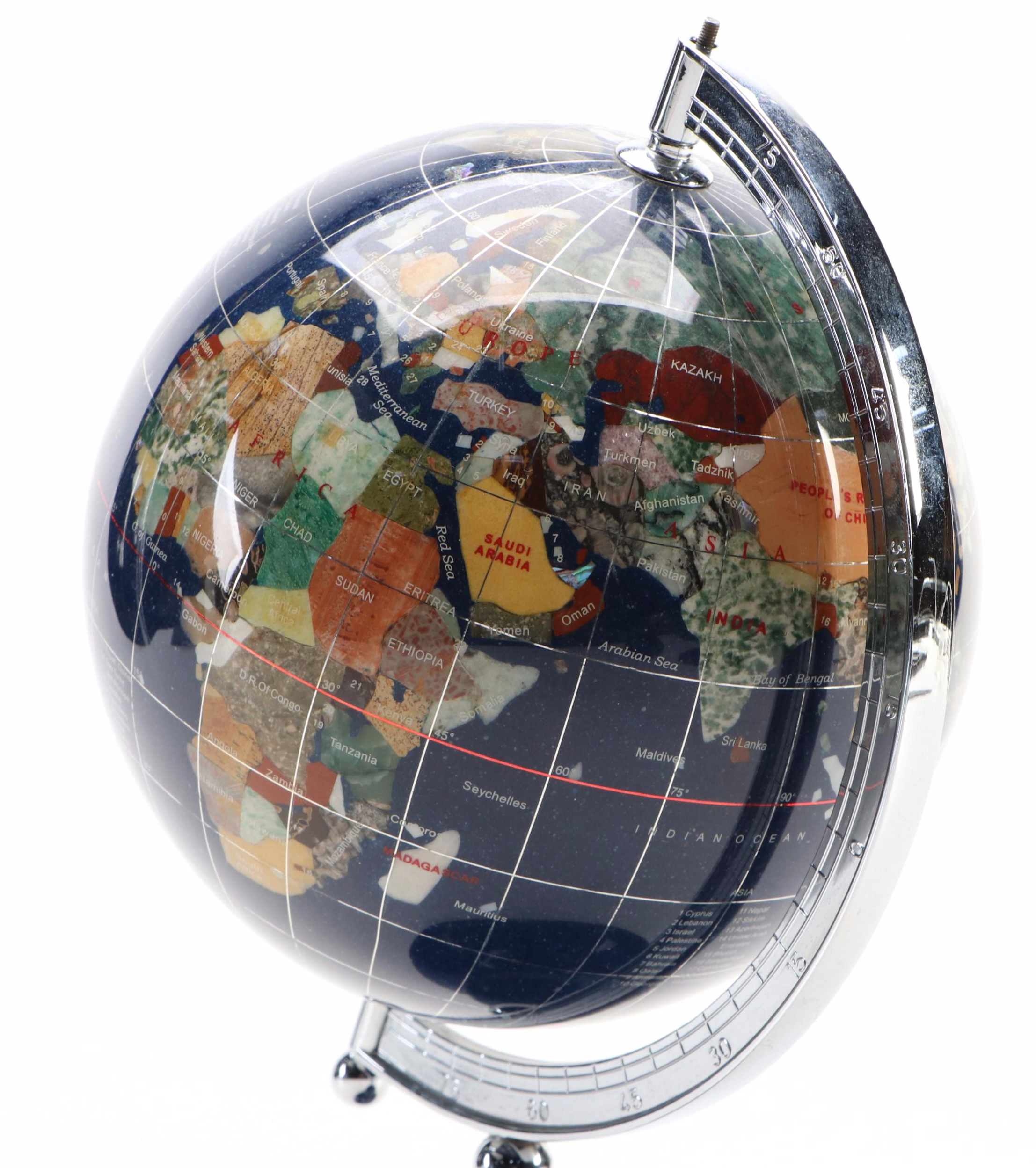 Jasper, Sandstone, Marble, Sard and Abalone Gemstone Desk Globe