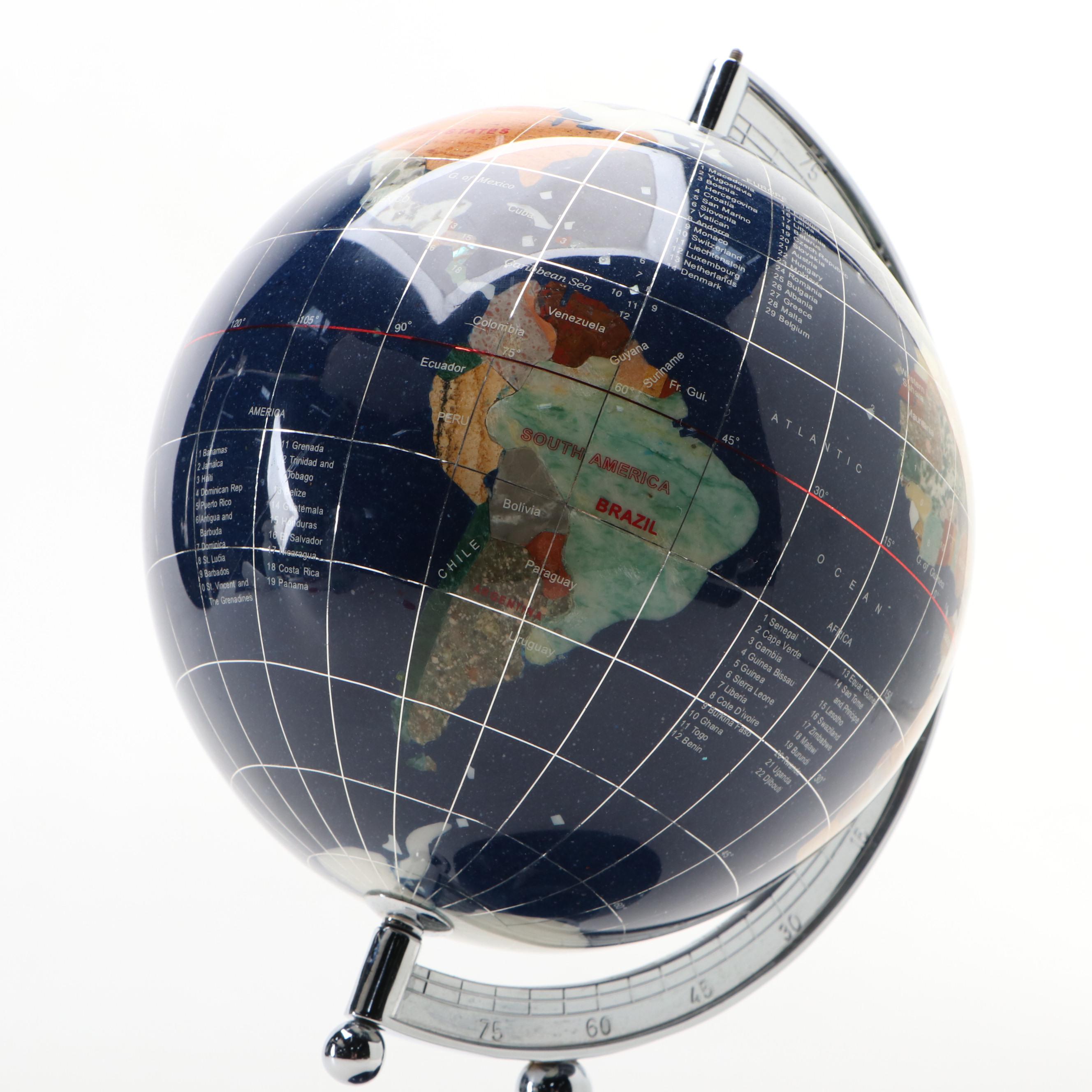 Jasper, Sandstone, Marble, Sard and Abalone Gemstone Desk Globe