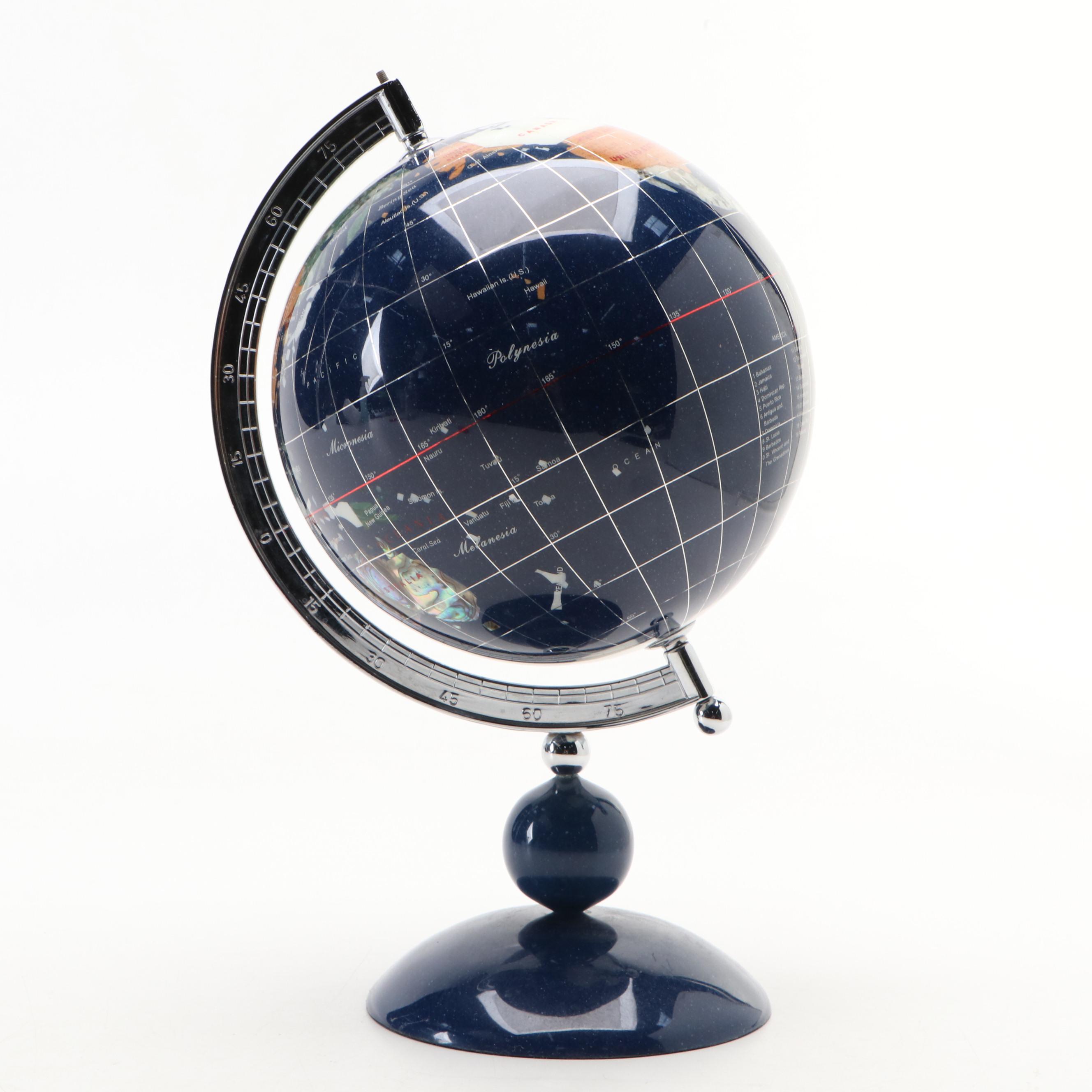 Jasper, Sandstone, Marble, Sard and Abalone Gemstone Desk Globe