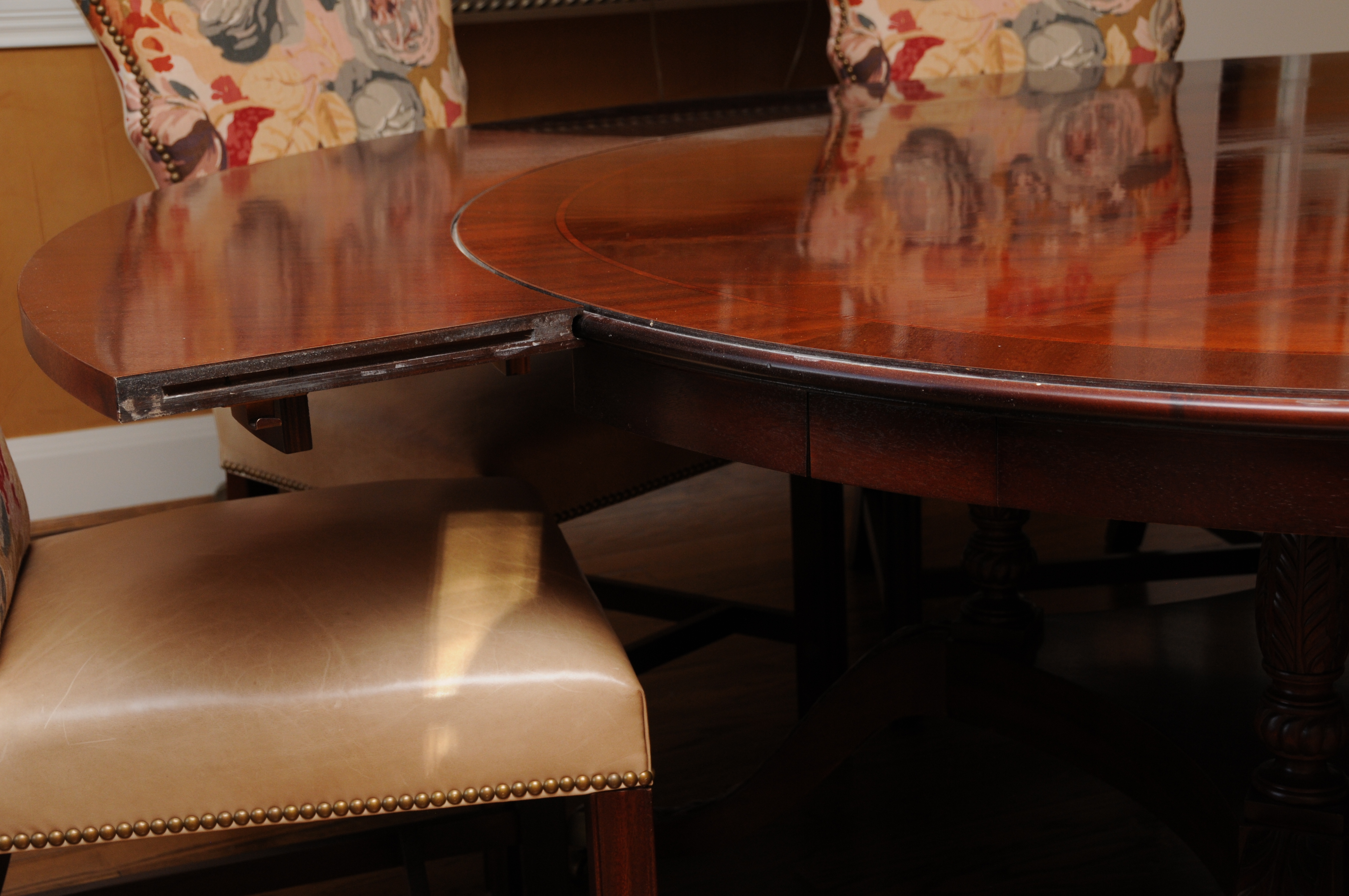 Regency Style Round Mahogany Dining Table and Hickory Chair "Marlboro" Chairs
