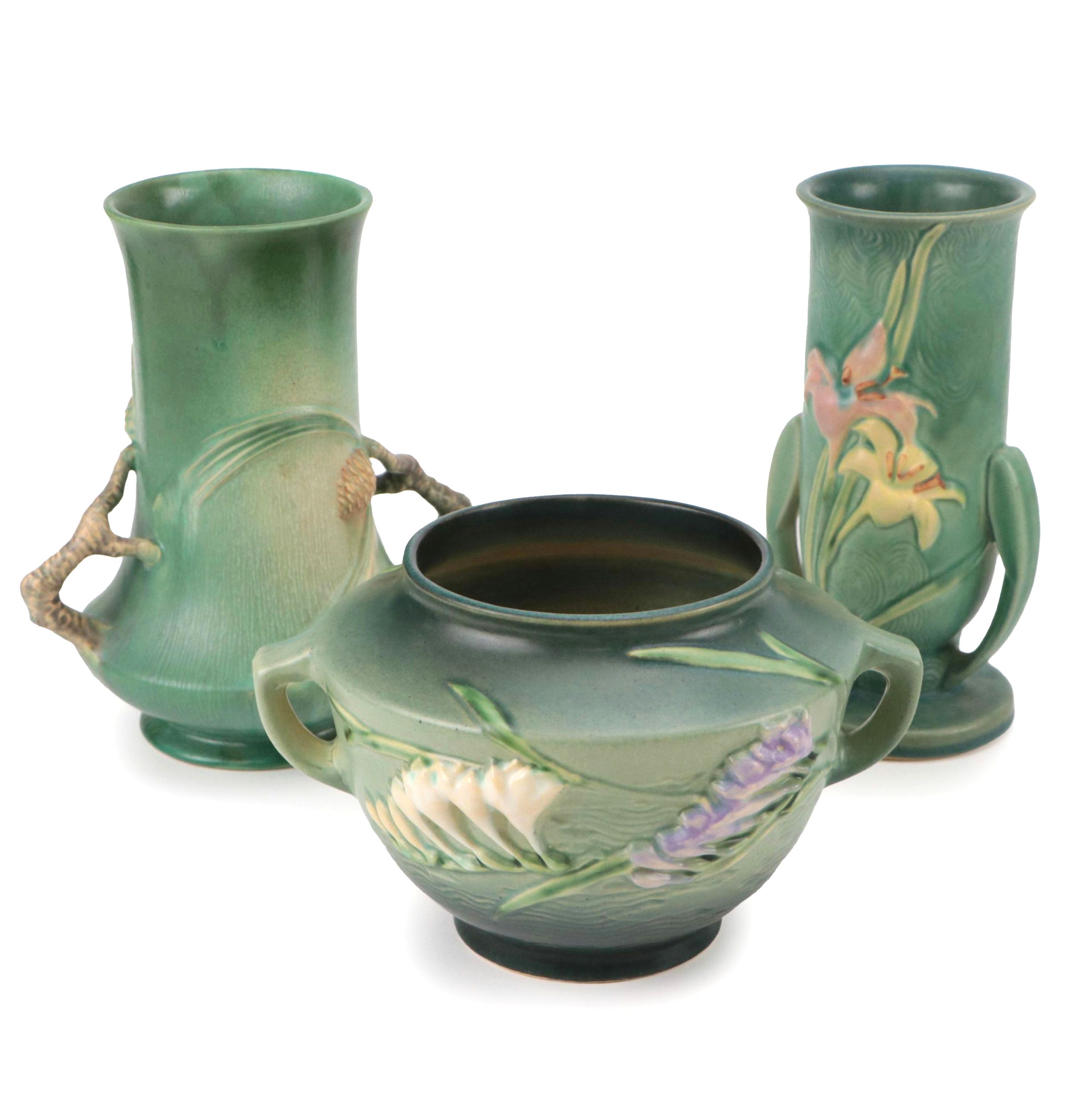 Roseville Pottery Green Zephyr Lily and Pine Cone Vases with Freesia Jardinière