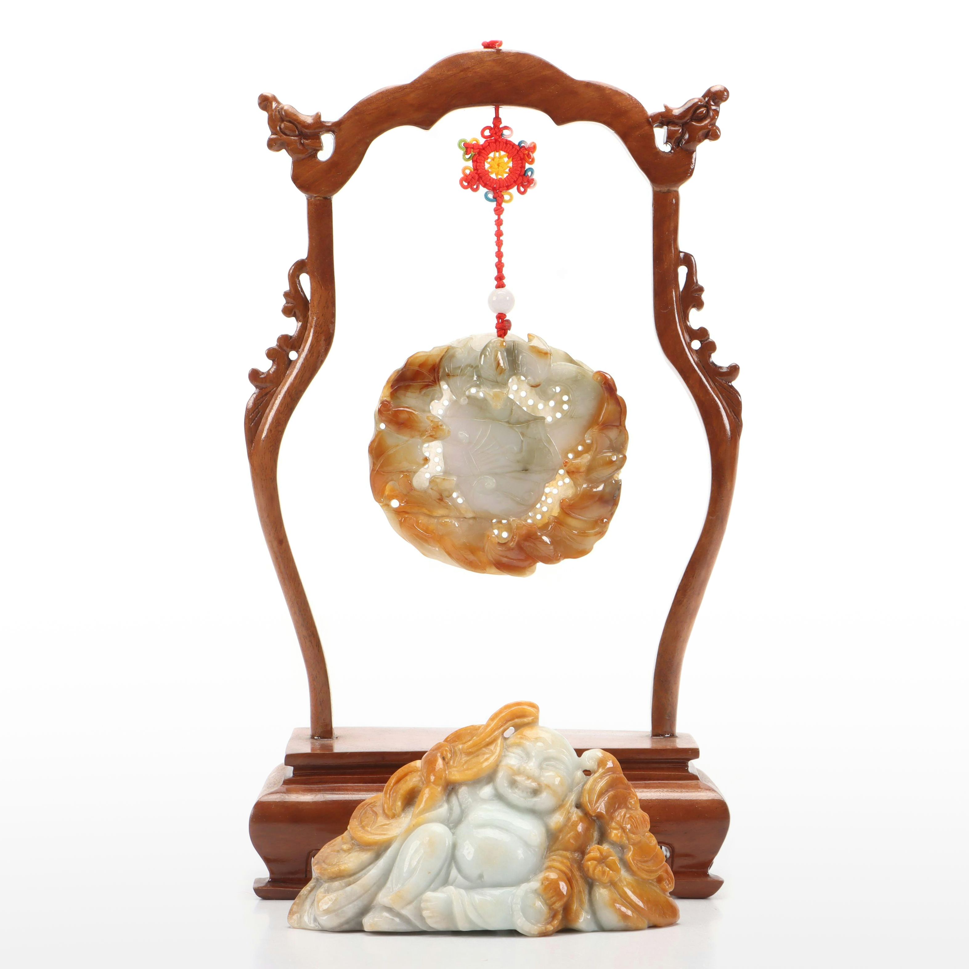 Chinese Carved Jadeite Budai and  Hanging Medallion with Stand
