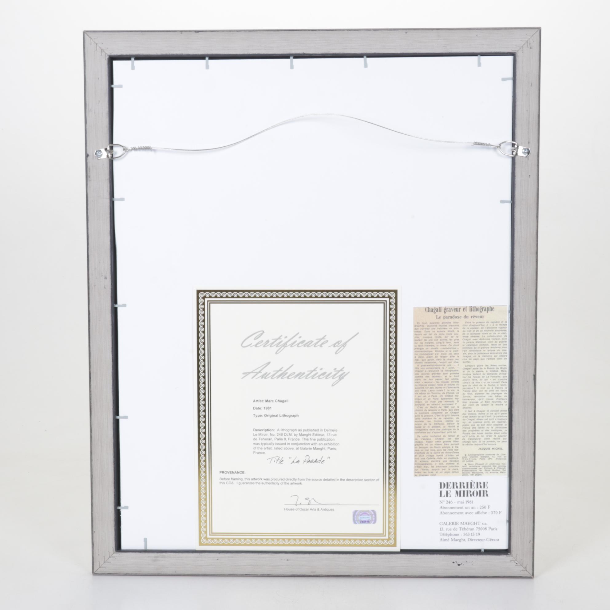 Marc Chagall Color Lithograph "La Parade" for "Derrière le Miroir," 1981