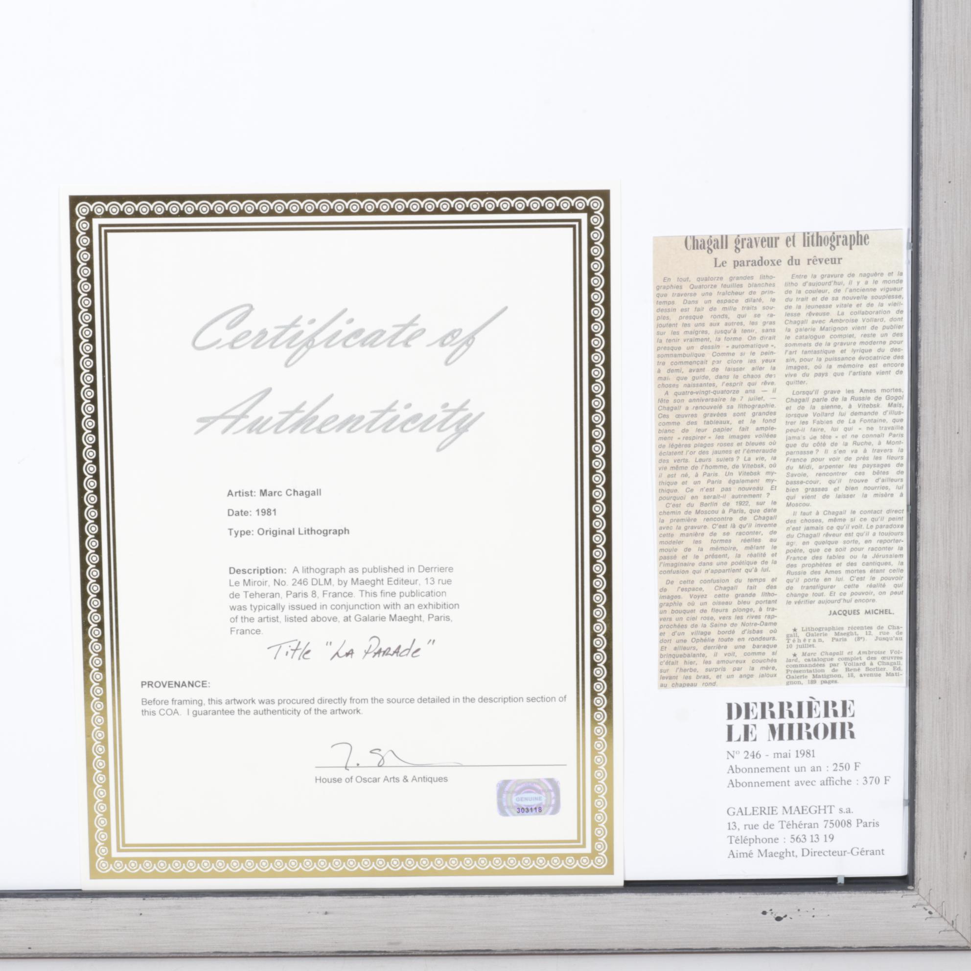 Marc Chagall Color Lithograph "La Parade" for "Derrière le Miroir," 1981