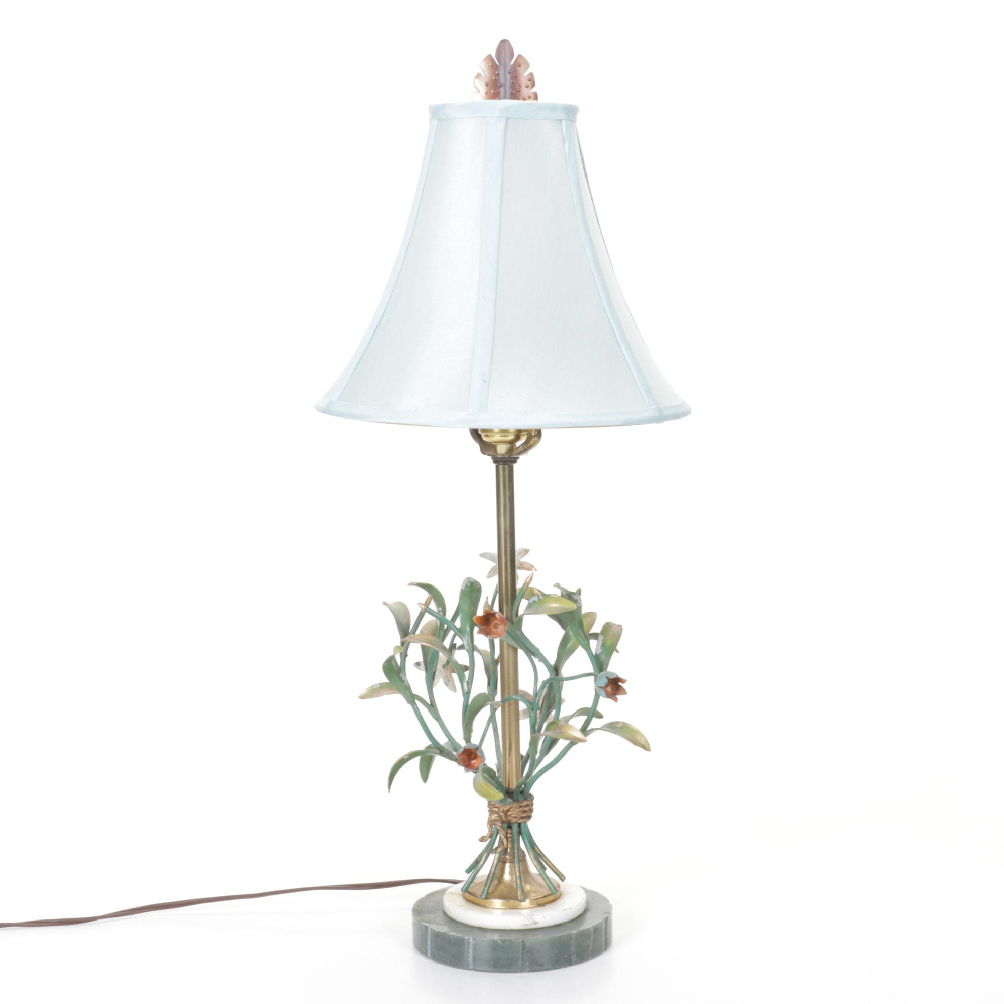 Italian Tole Floral Table Lamp with Marble Base and Pale Blue Silk Shade