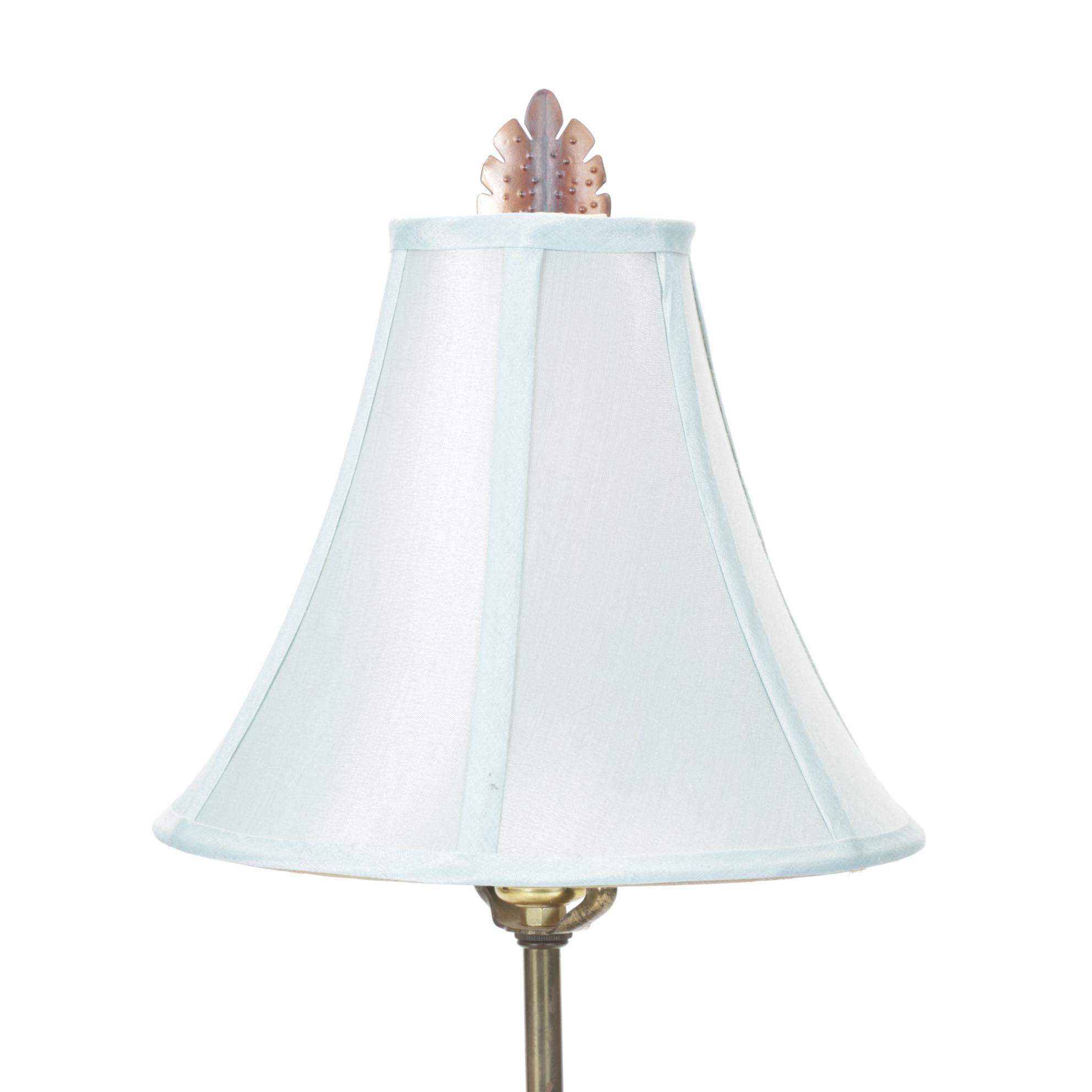 Italian Tole Floral Table Lamp with Marble Base and Pale Blue Silk Shade