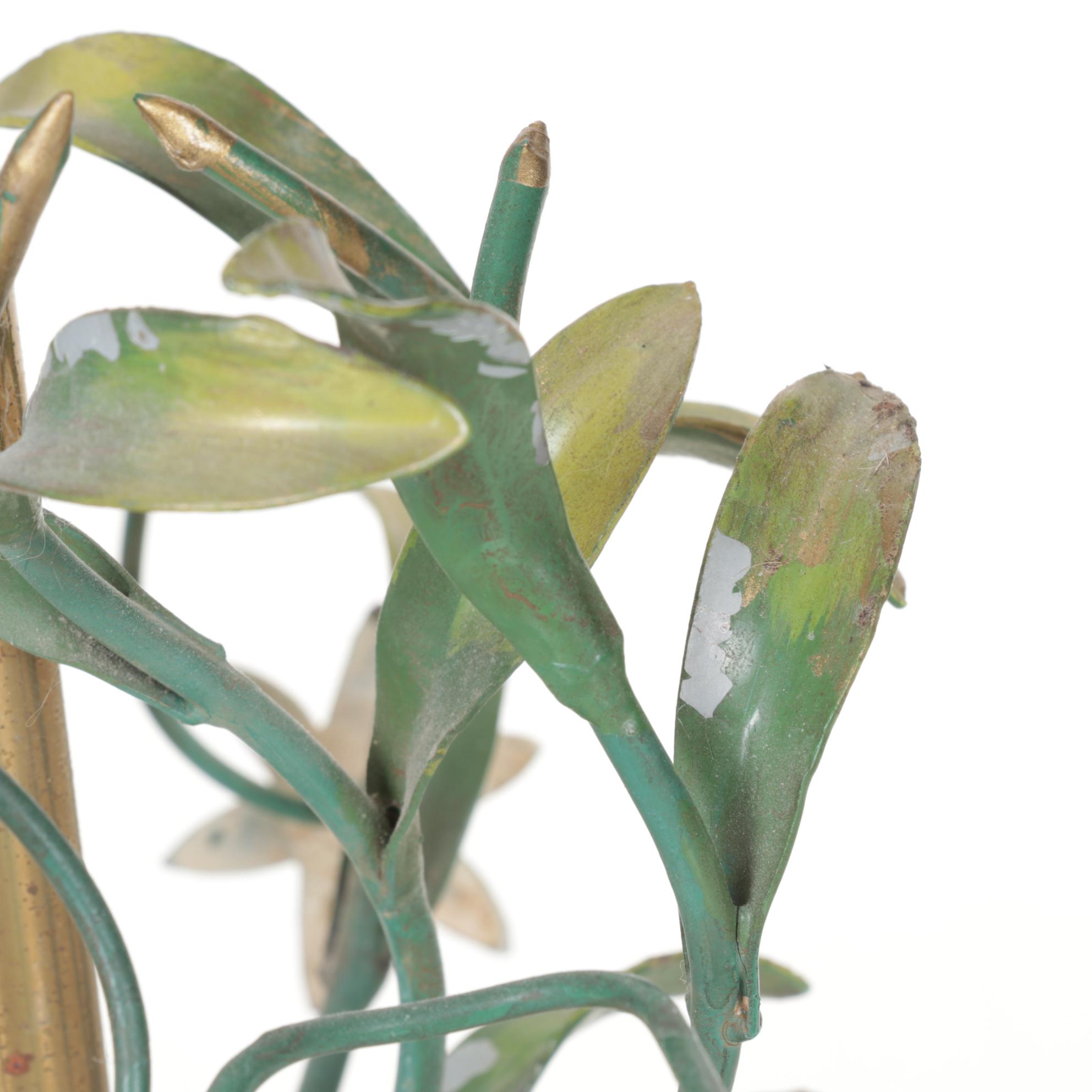 Italian Tole Floral Table Lamp with Marble Base and Pale Blue Silk Shade