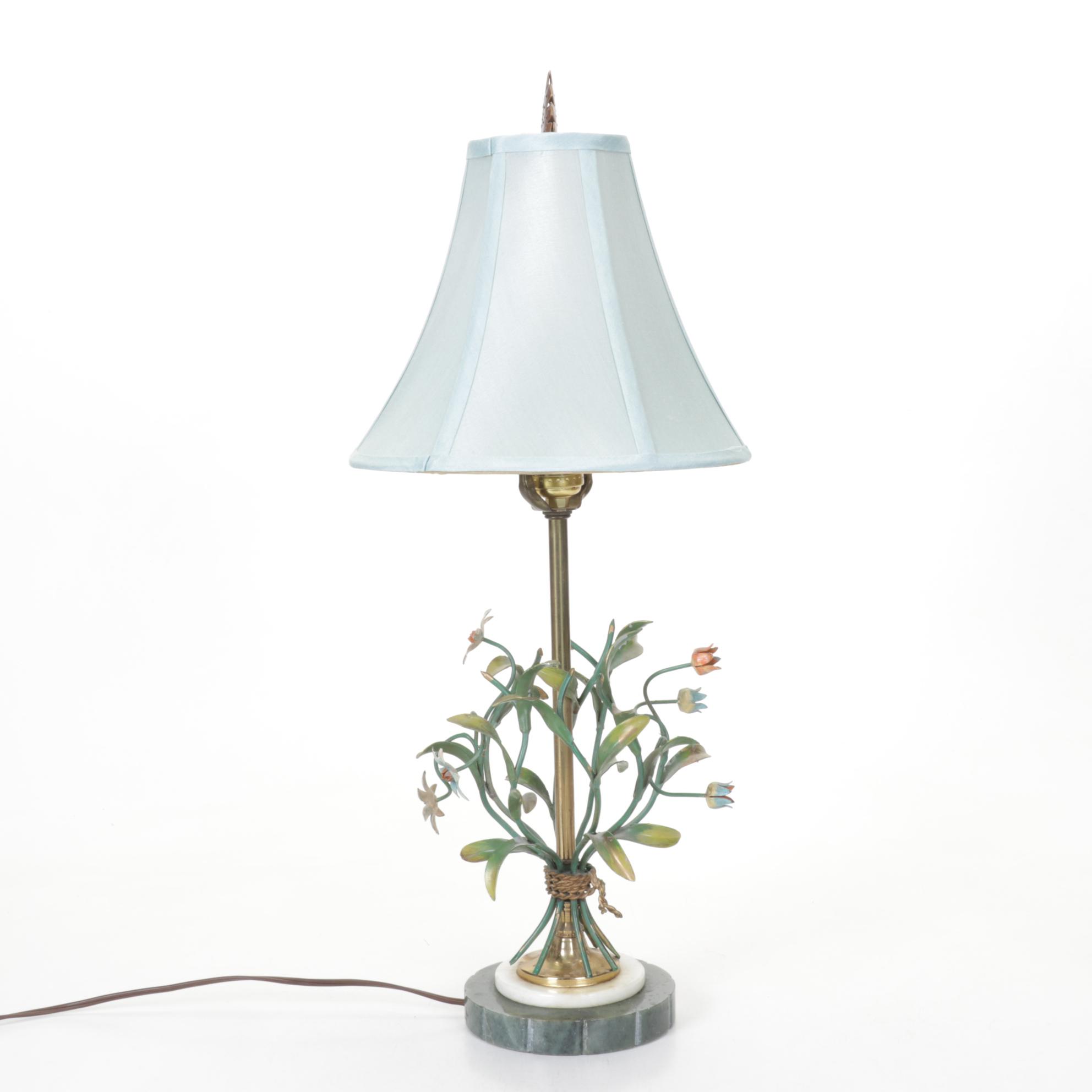 Italian Tole Floral Table Lamp with Marble Base and Pale Blue Silk Shade