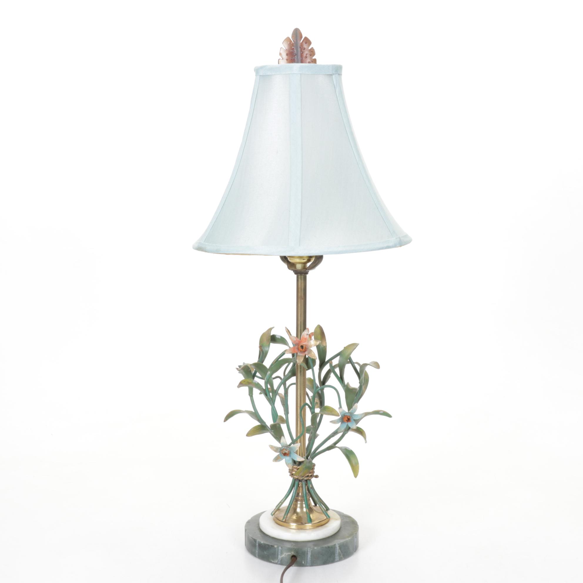 Italian Tole Floral Table Lamp with Marble Base and Pale Blue Silk Shade