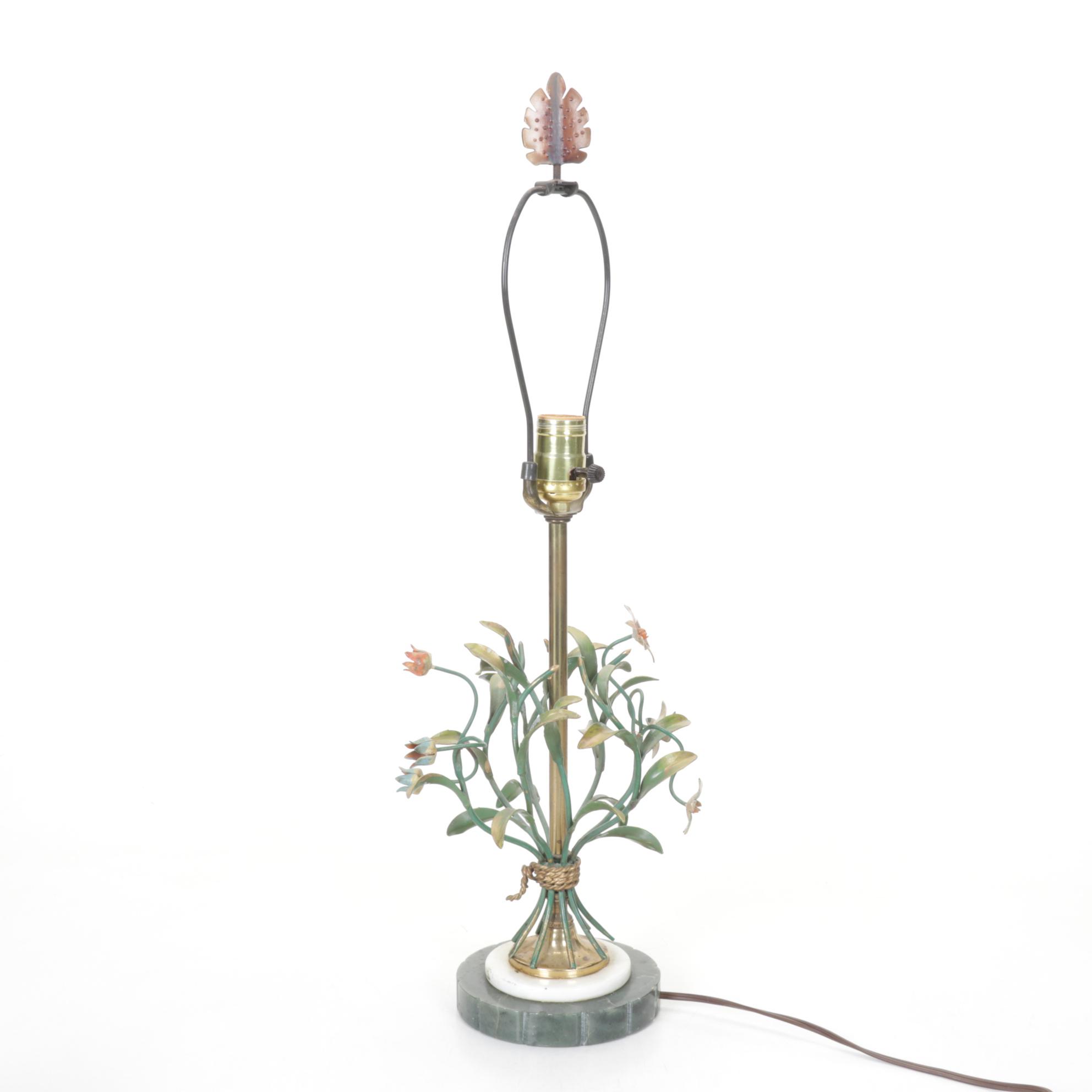 Italian Tole Floral Table Lamp with Marble Base and Pale Blue Silk Shade
