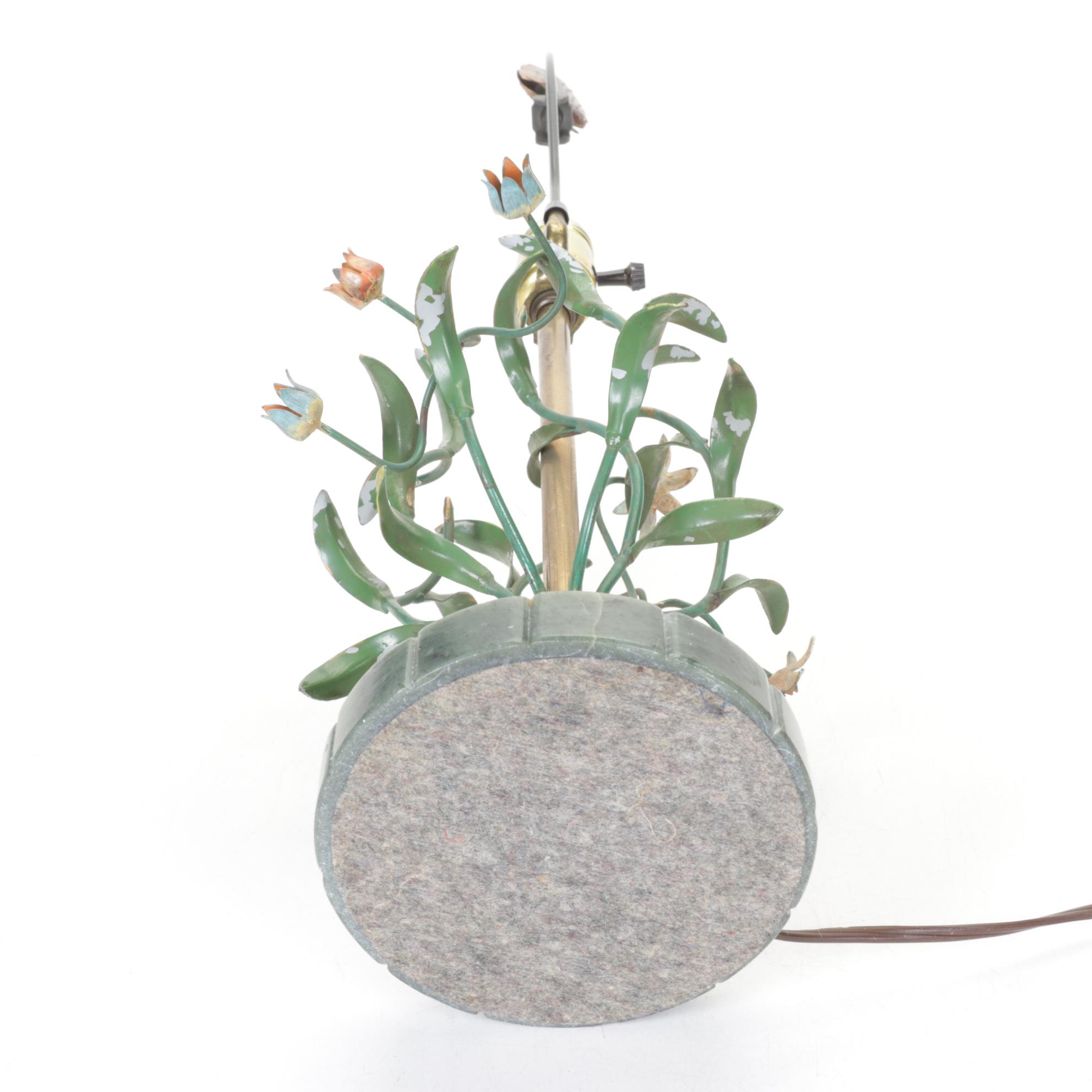 Italian Tole Floral Table Lamp with Marble Base and Pale Blue Silk Shade