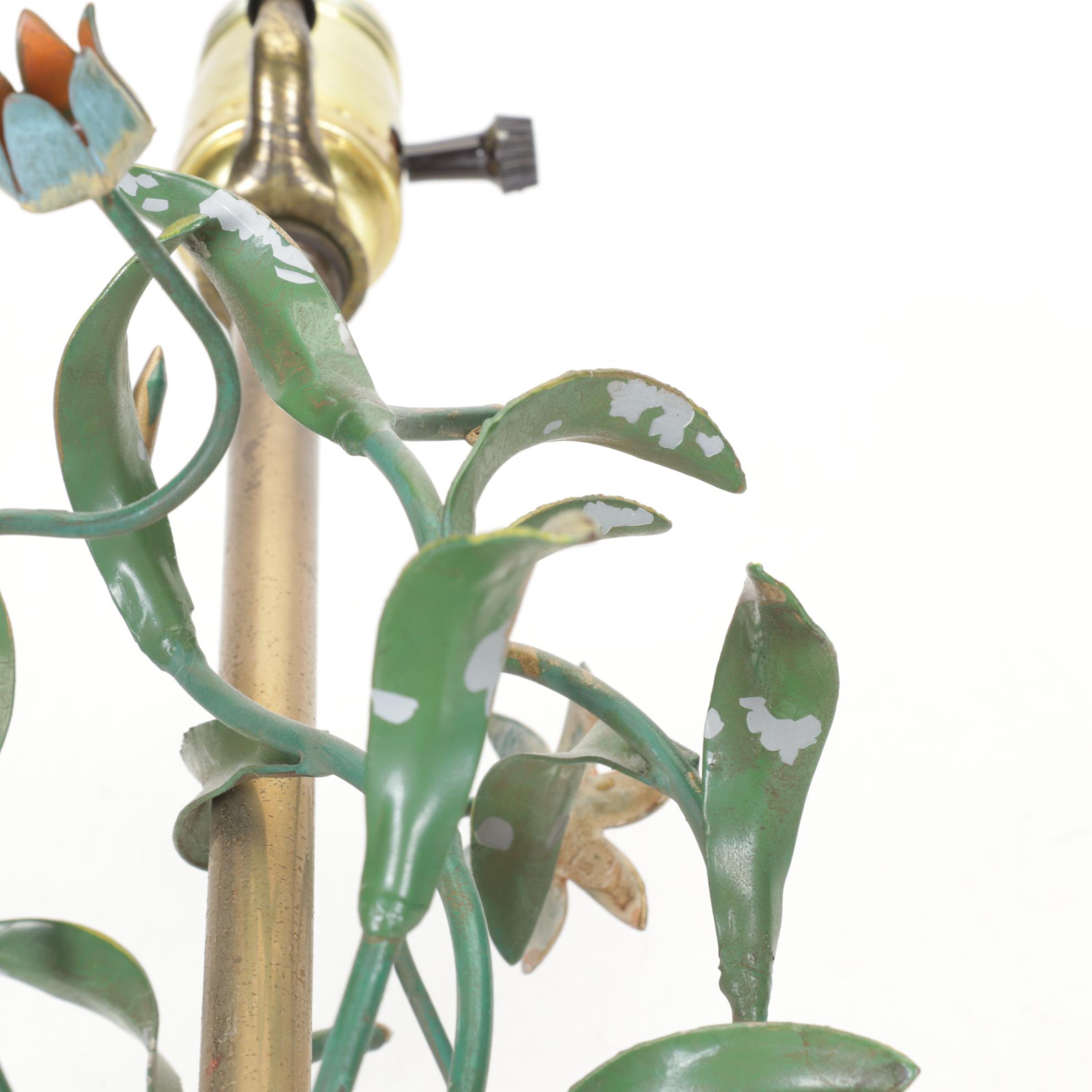 Italian Tole Floral Table Lamp with Marble Base and Pale Blue Silk Shade