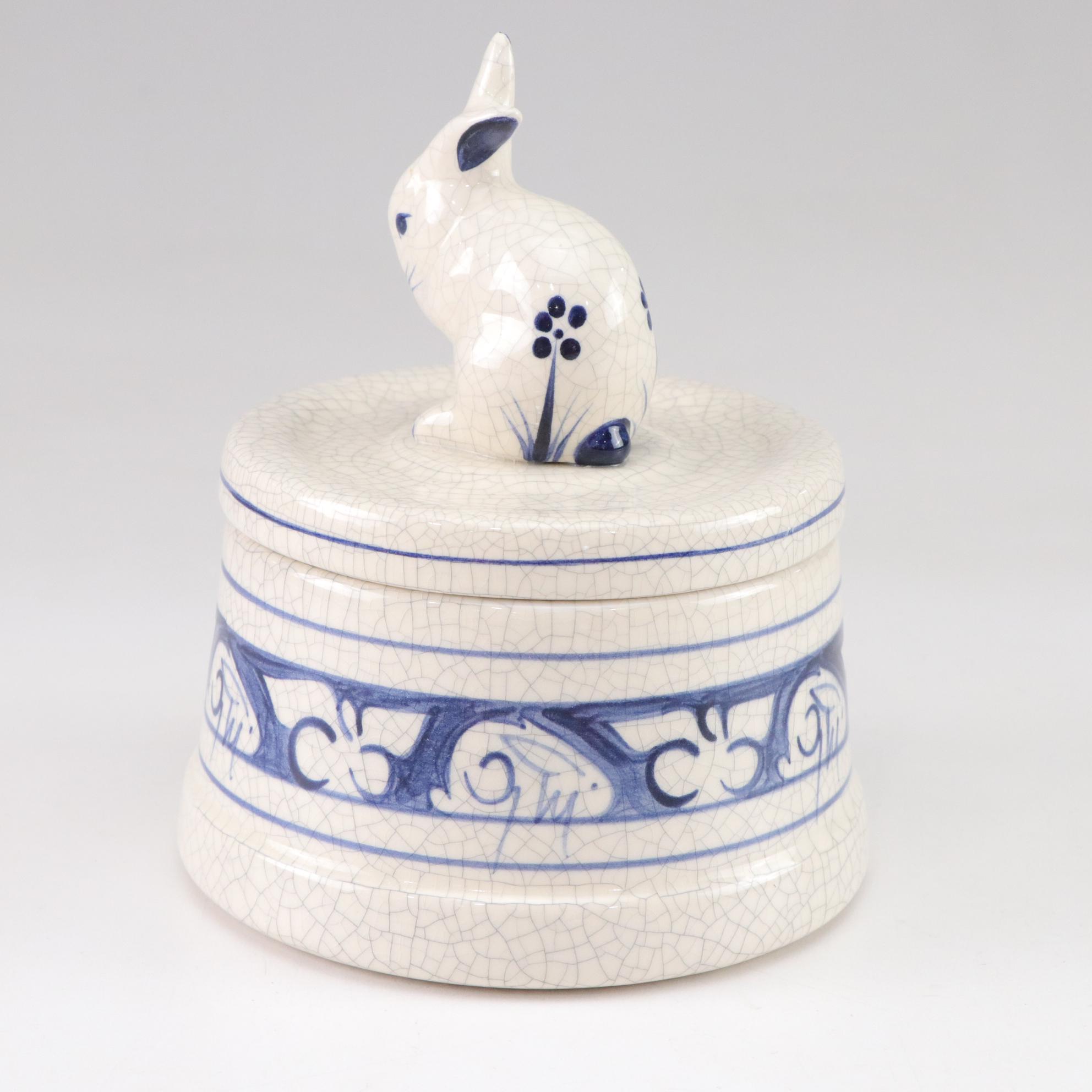 Dedham Pottery Reproduction Rabbit Box With Tiny Bottle Vase and Pin Box